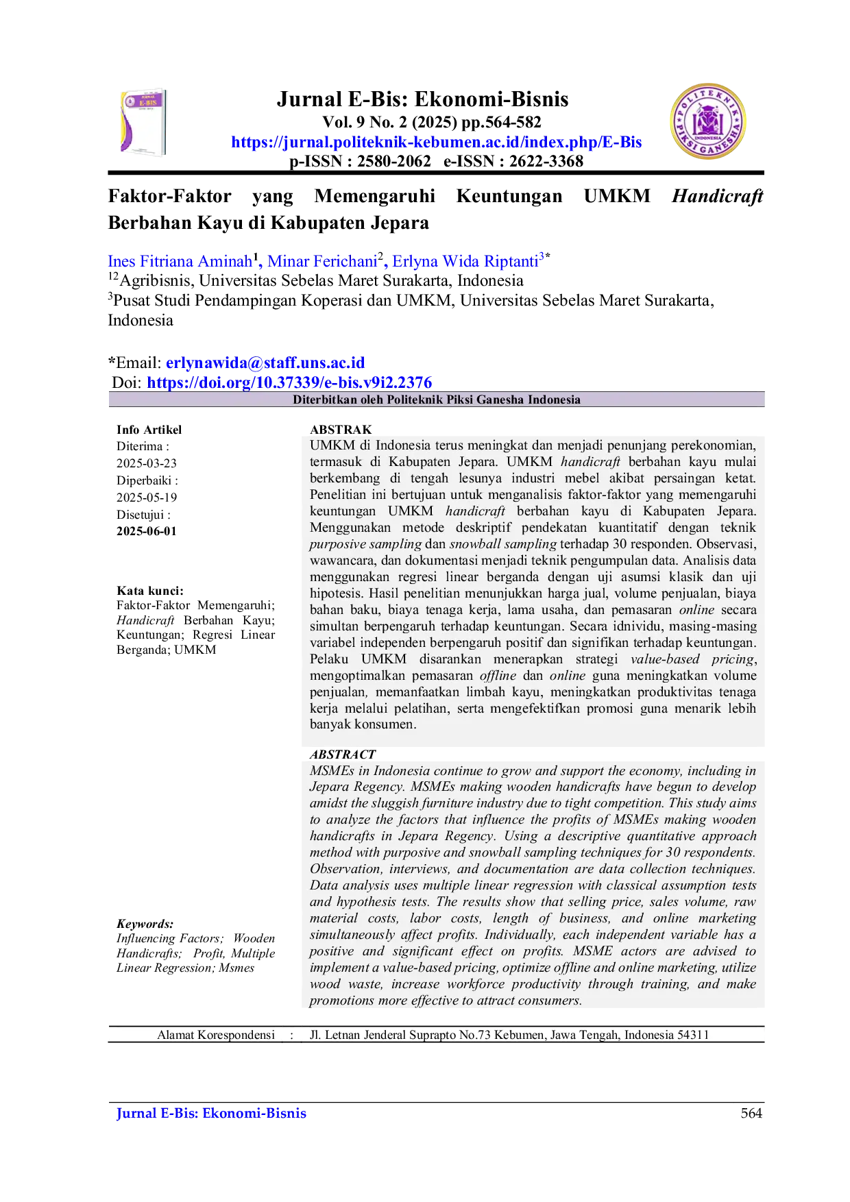 JURIS Faktor Faktor yang Memengaruhi Keuntungan UMKM Handicraft Berbahan Kayu di Kabupaten Jepara