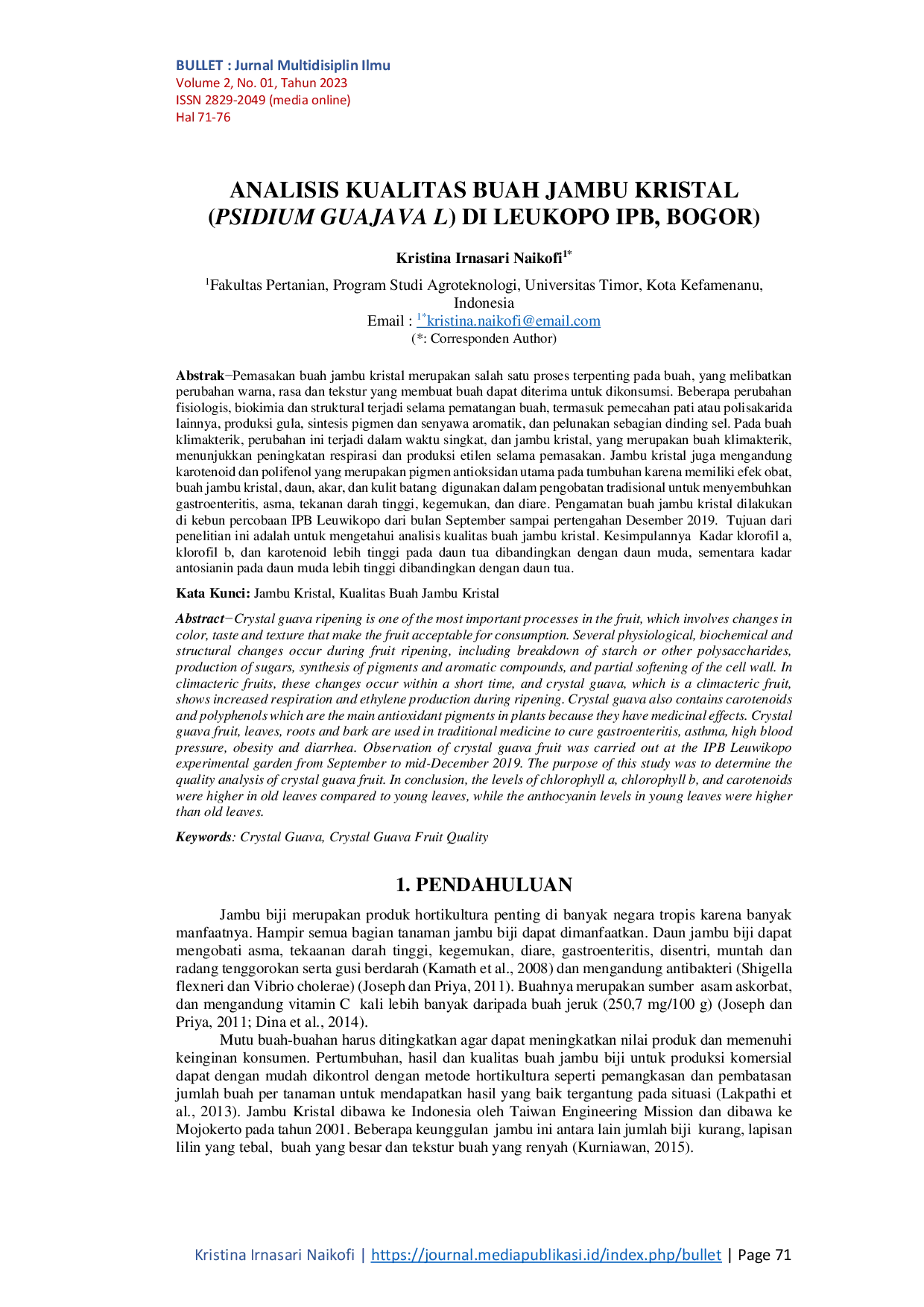 JURIS Analisis Kualitas Buah Jambu Kristal Psidium Guajava L Di Leuwikopo IPB Bogor