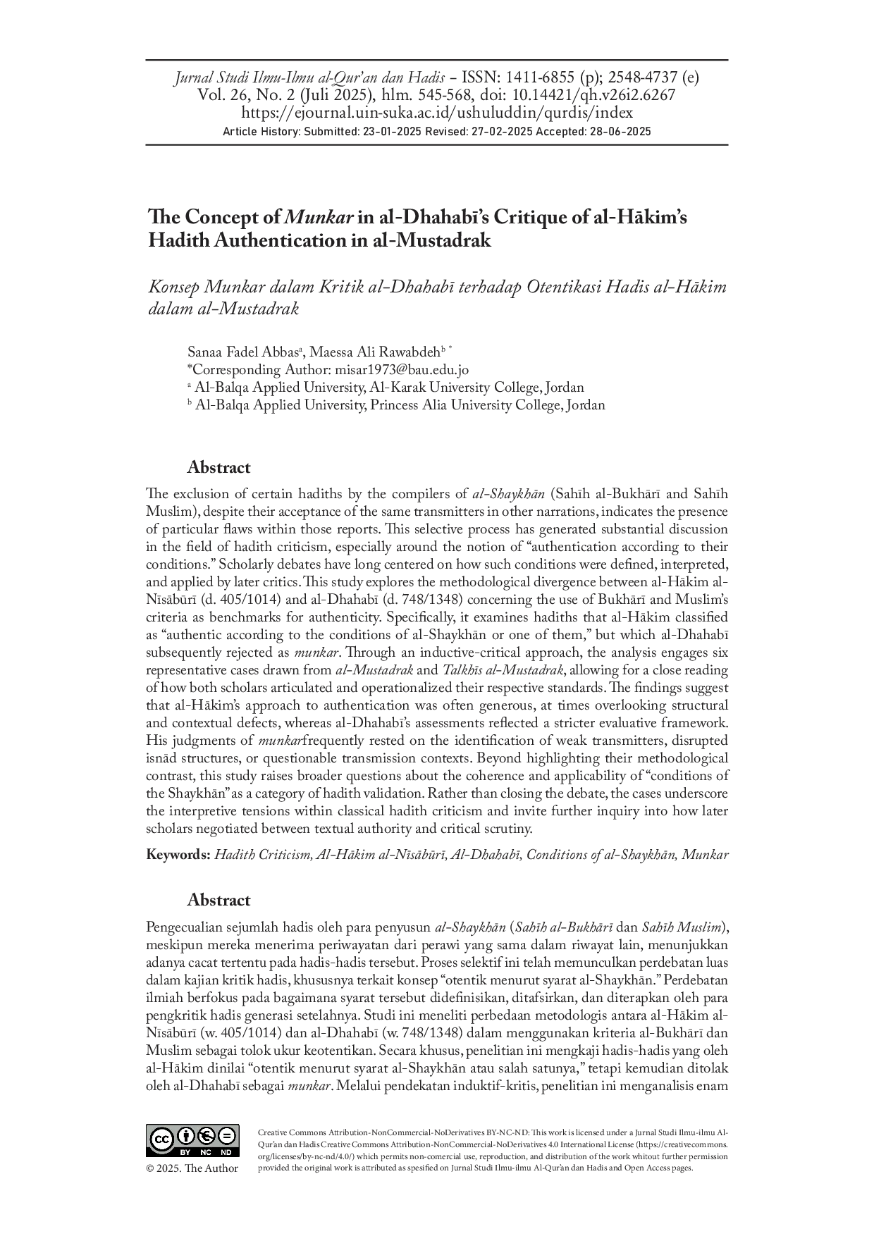 JURIS The Concept of Munkar in al Dhahab s Critique of al Akim s Hadith Authentication in al Mustadrak