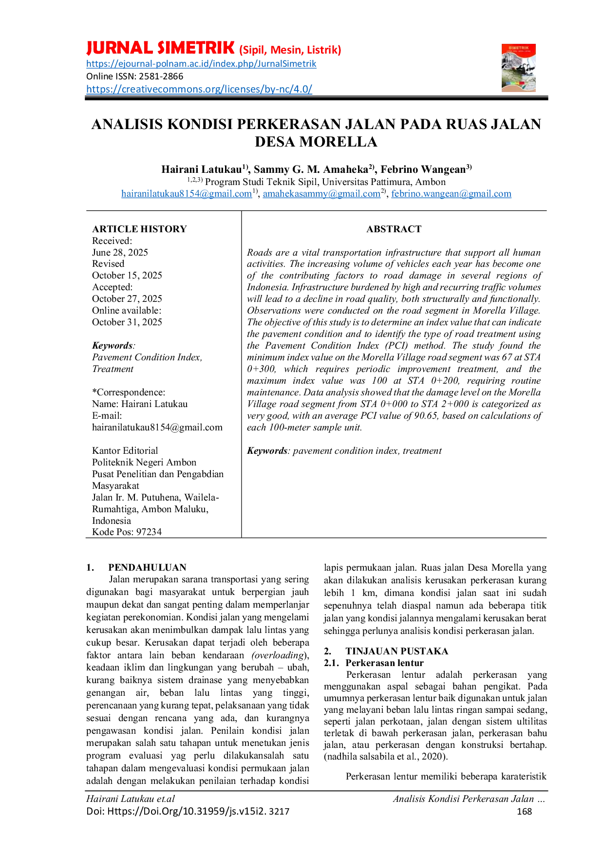 JURIS Analisis Kondisi Perkerasan Jalan Pada Ruas Jalan Desa Morella