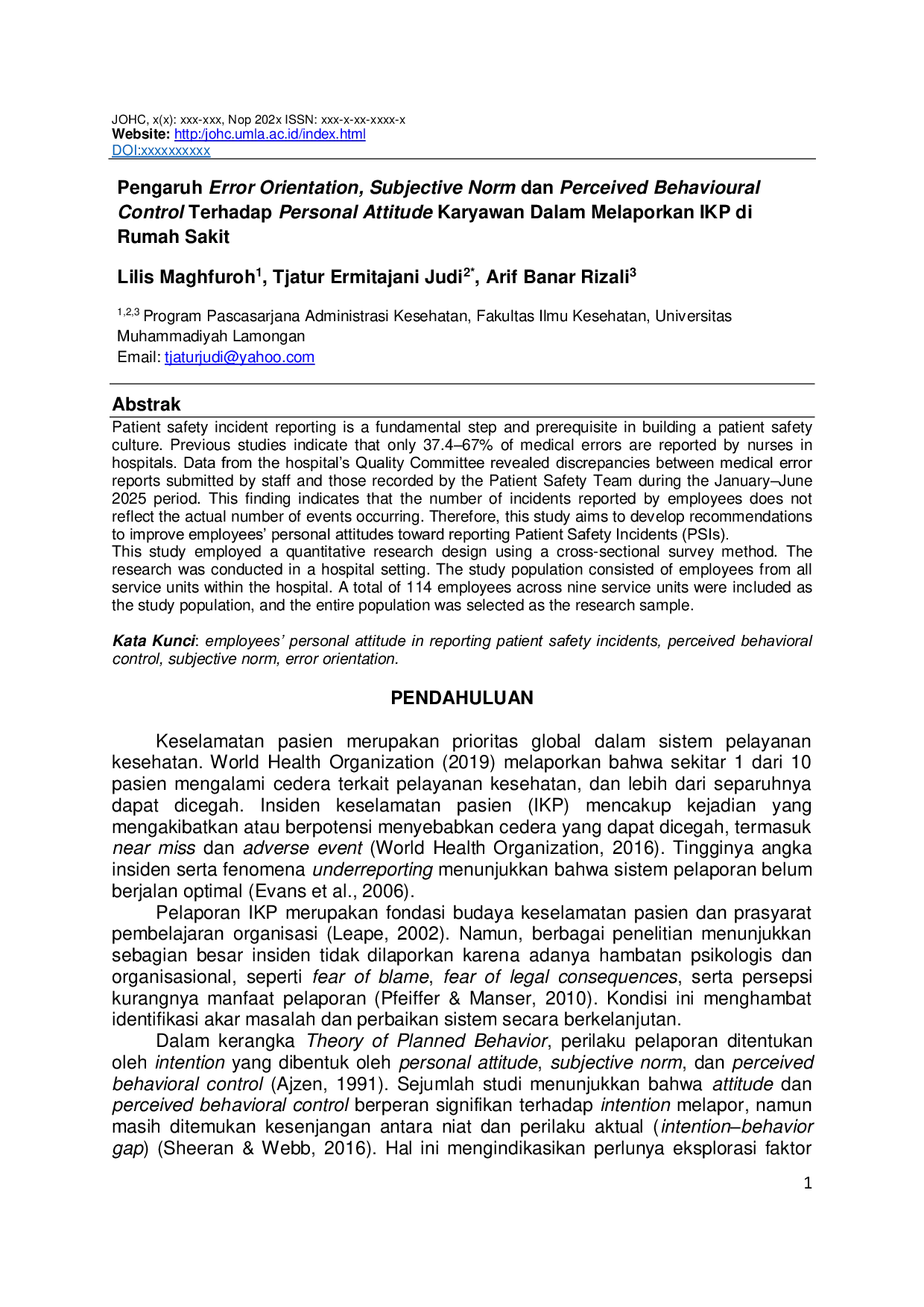 JURIS The Effect of Error Orientation Subjective Norm and Perceived Behavioural Control on Employees Personal Attitude in Reporting IKP in Hospitals Pengaruh Error Orientation Subjective Norm dan Percei