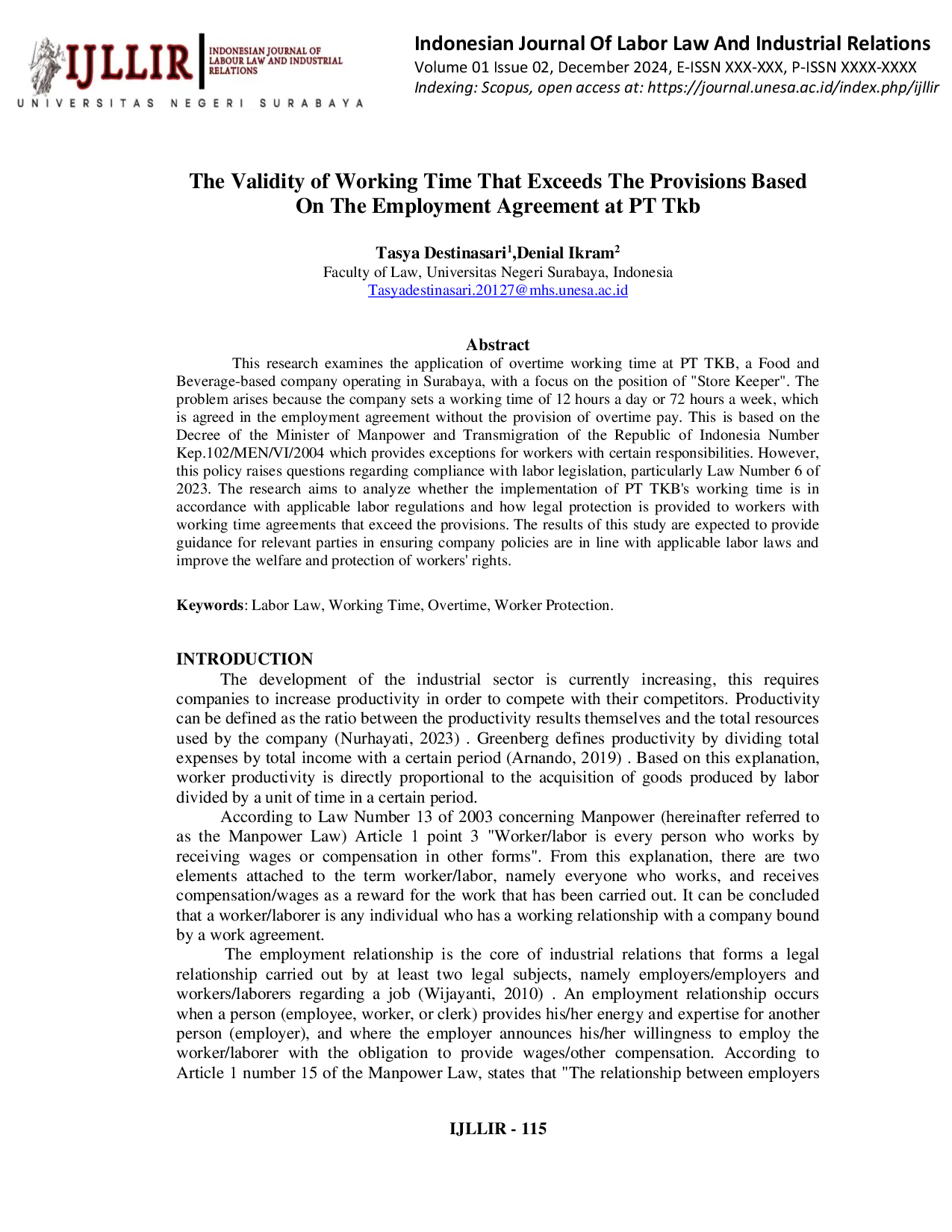 JURIS Validity Of Overtime Beyond The Established Regulations Based On Employment Agreement At PT TKB