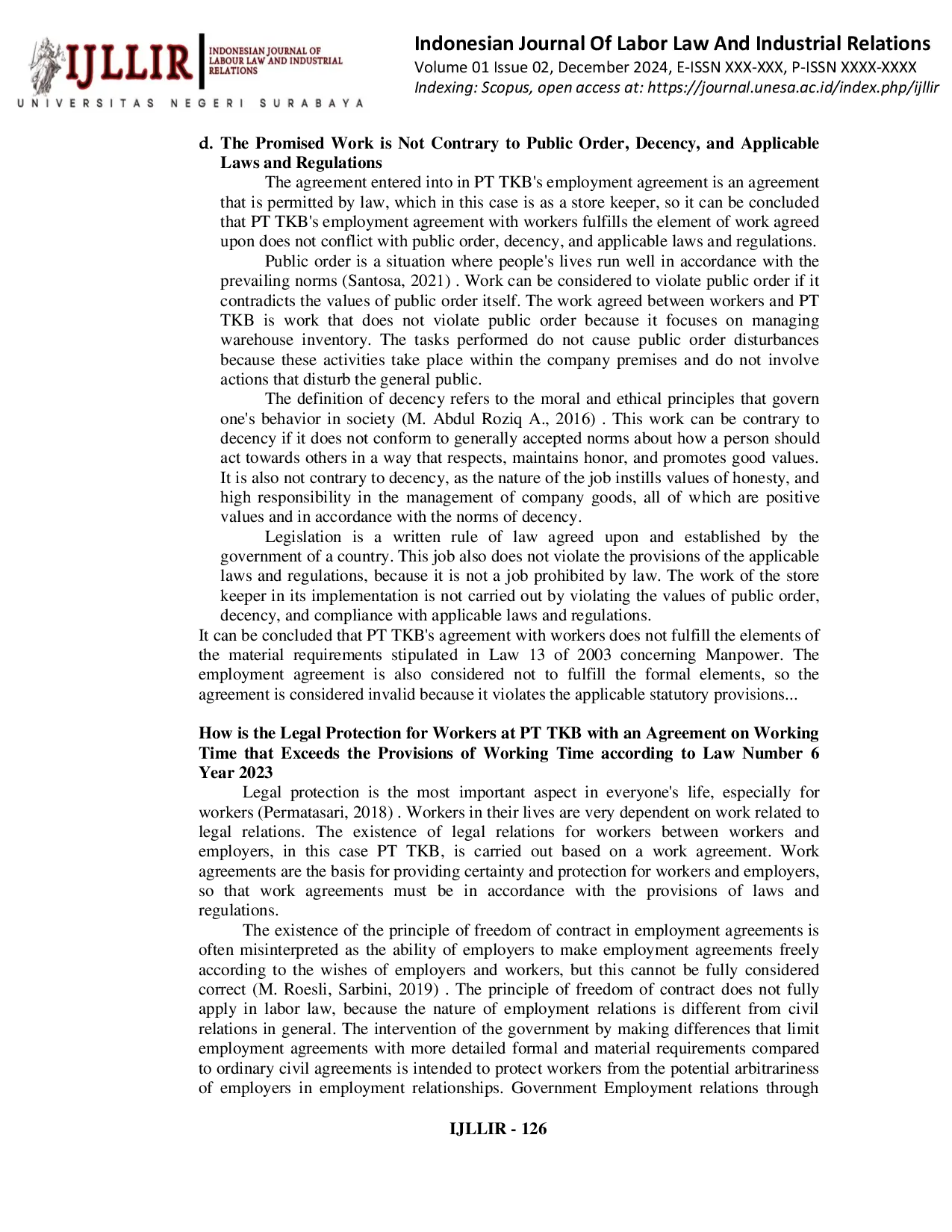 JURIS Validity Of Overtime Beyond The Established Regulations Based On Employment Agreement At PT TKB