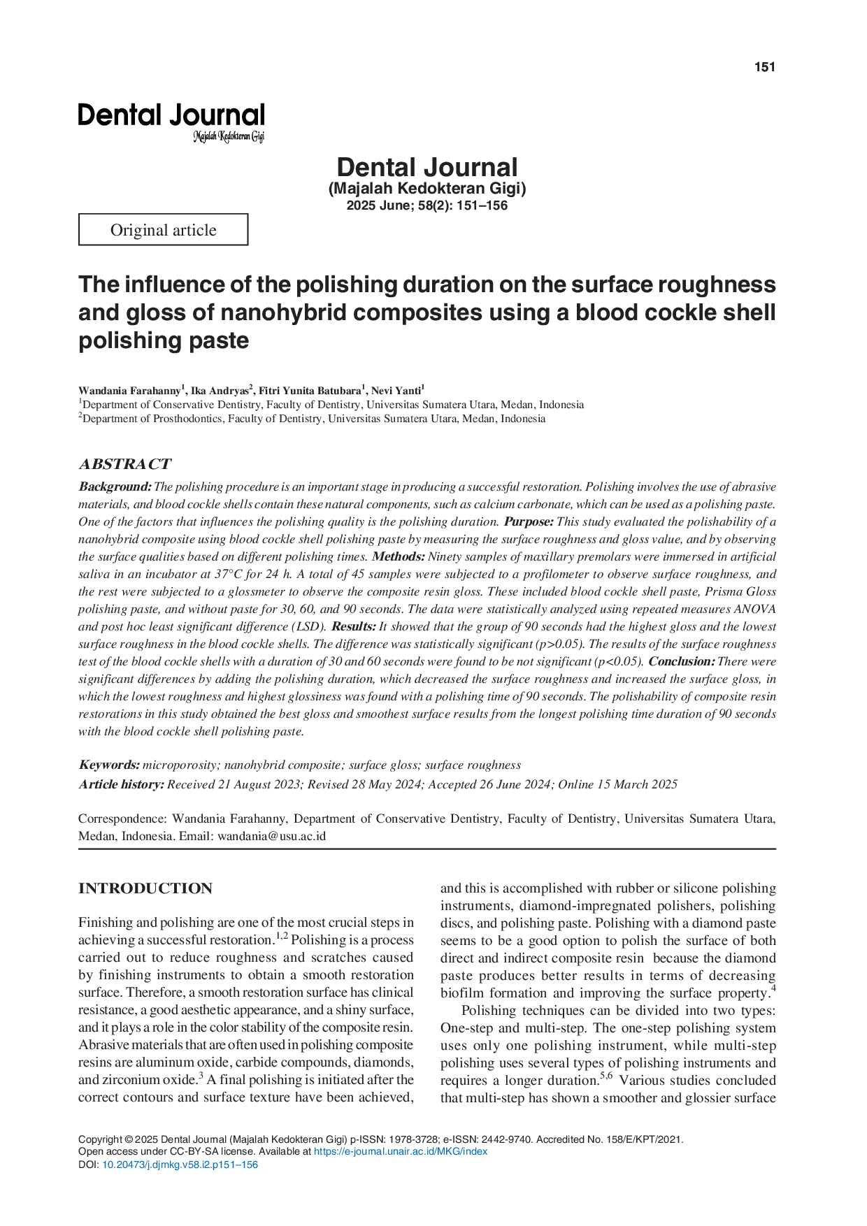JURIS The influence of the polishing duration on the surface roughness and gloss of nanohybrid composites using a blood cockle shell polishing paste