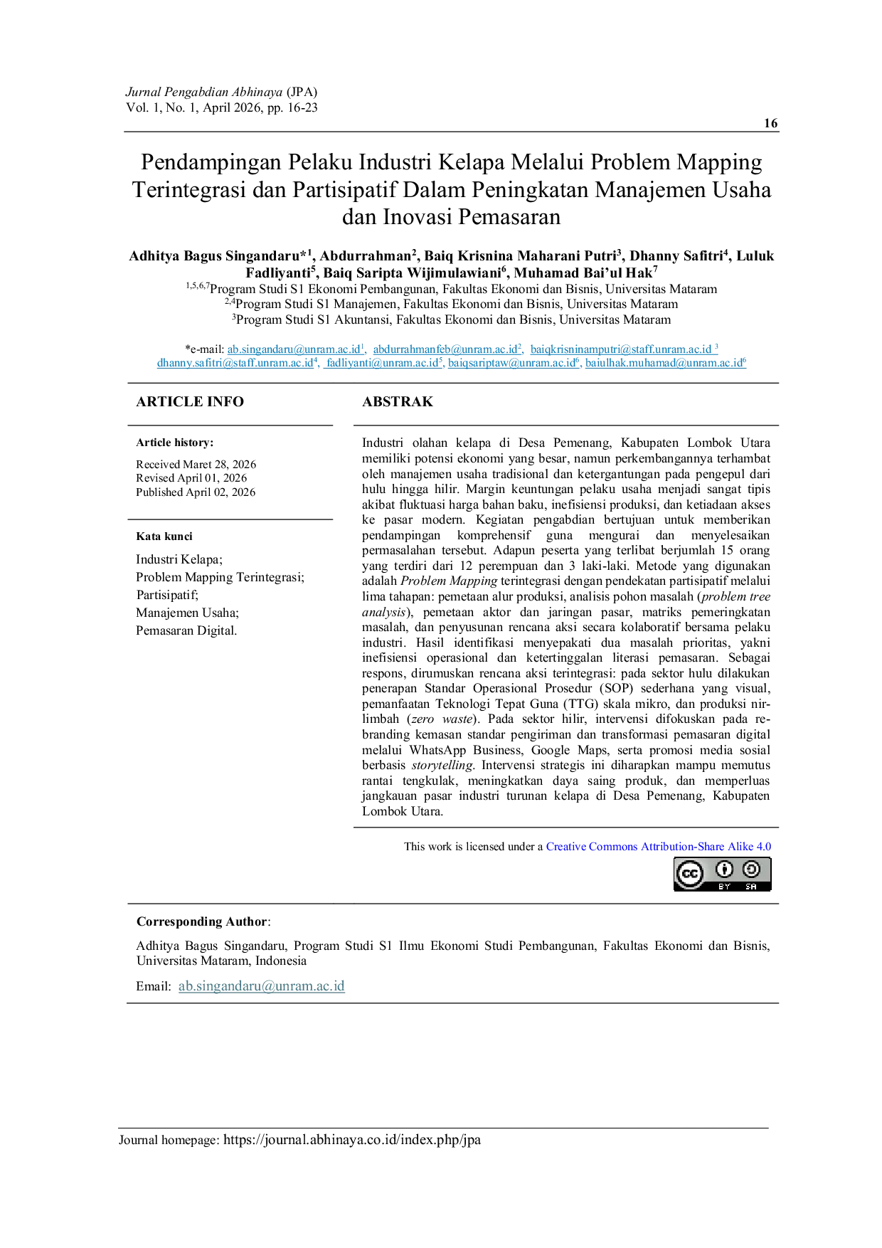 JURIS Pendampingan Pelaku Industri Kelapa Melalui Problem Mapping Terintegrasi dan Partisipatif Dalam Peningkatan Manajemen Usaha dan Inovasi Pemasaran