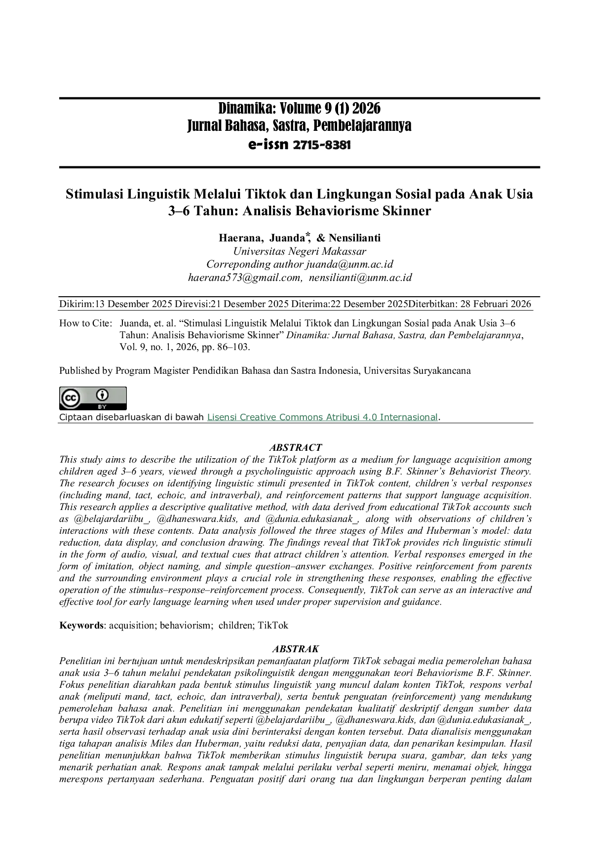 JURIS Stimulasi Linguistik Melalui Tiktok dan Lingkungan Sosial pada Anak Usia 3 6 Tahun Analisis Behaviorisme Skinner