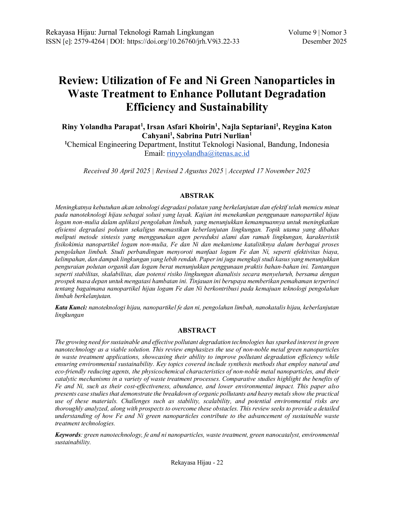 JURIS Review Utilization of Fe and Ni Green Nanoparticles in Waste Treatment to Enhance Pollutant Degradation Efficiency and Sustainability