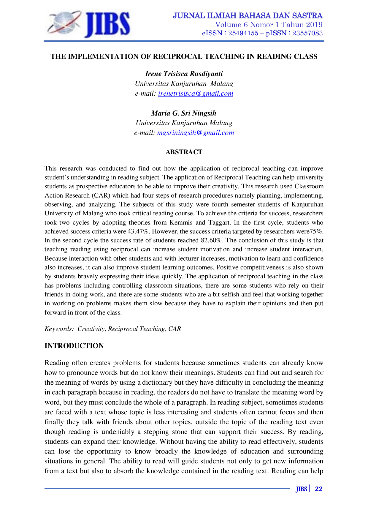 JURIS The Implementation Of Reciprocal Teaching In Reading Class