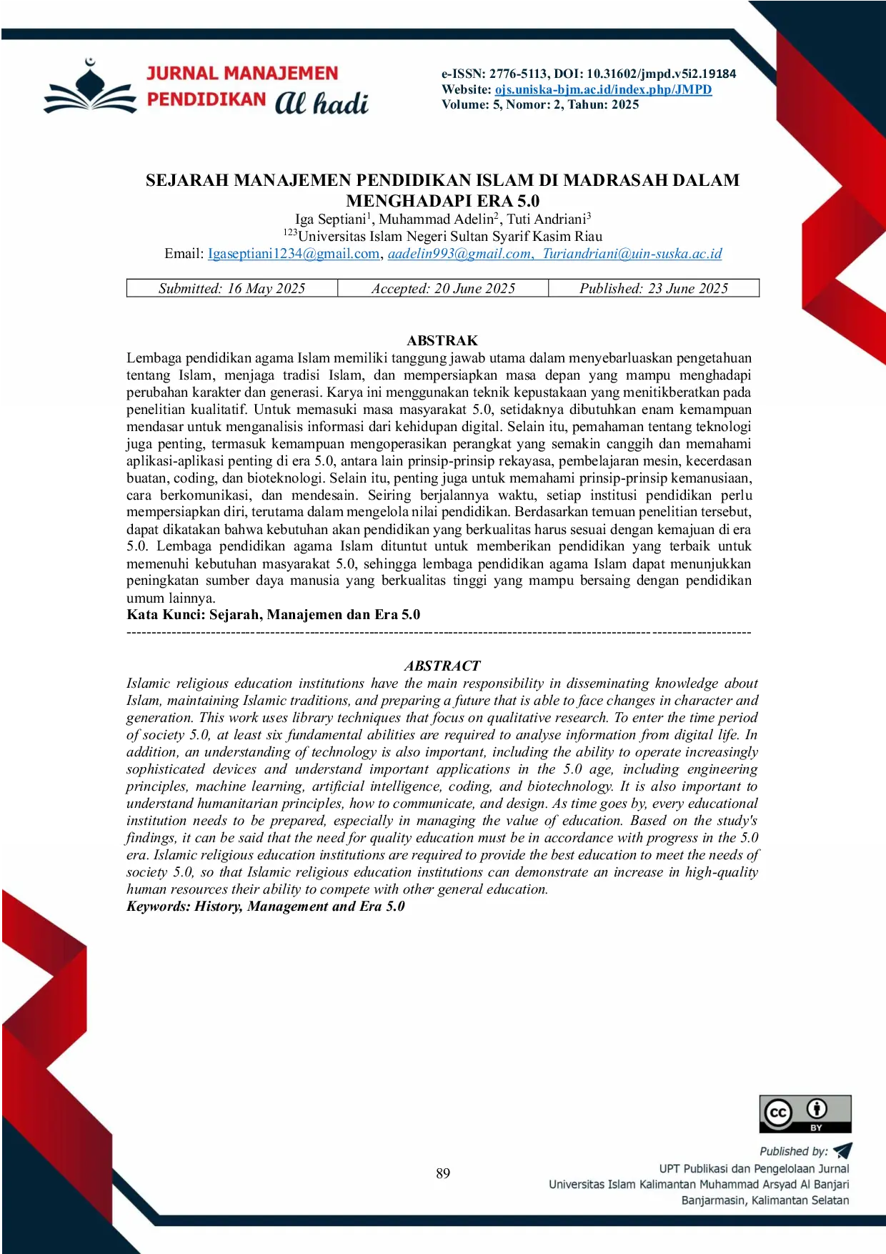 JURIS Sejarah Manajemen Pendidikan Islam di Madrasah dalam Menghadapi Era 5 0