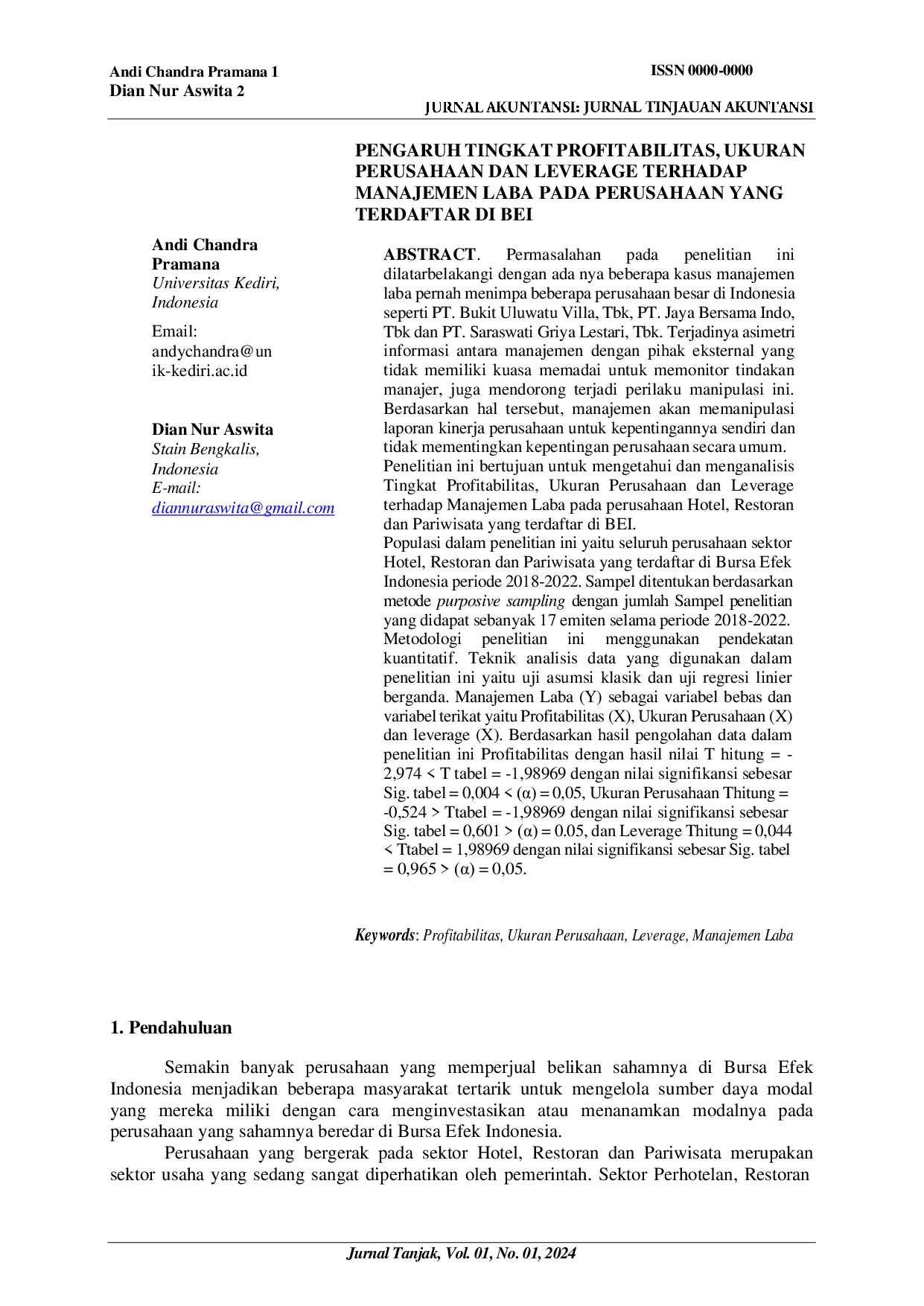 JURIS Pengaruh Tingkat Profitabilitas Ukuran Perusahaan Dan Leverage Terhadap Manajemen Laba Pada Perusahaan Yang Terdaftar Di Bei