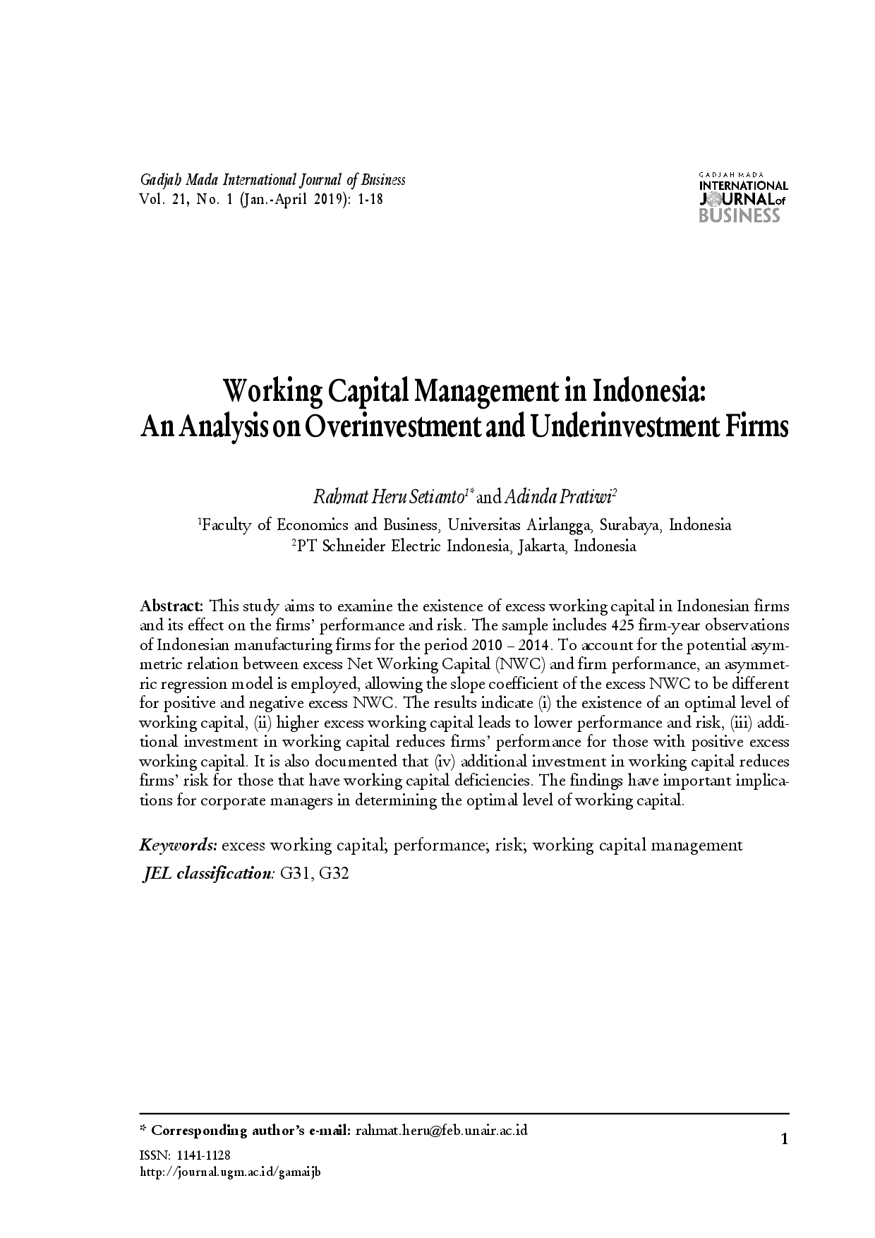 juris Working Capital Management in Indonesia An Analysis on Over investment and Under investment Firms