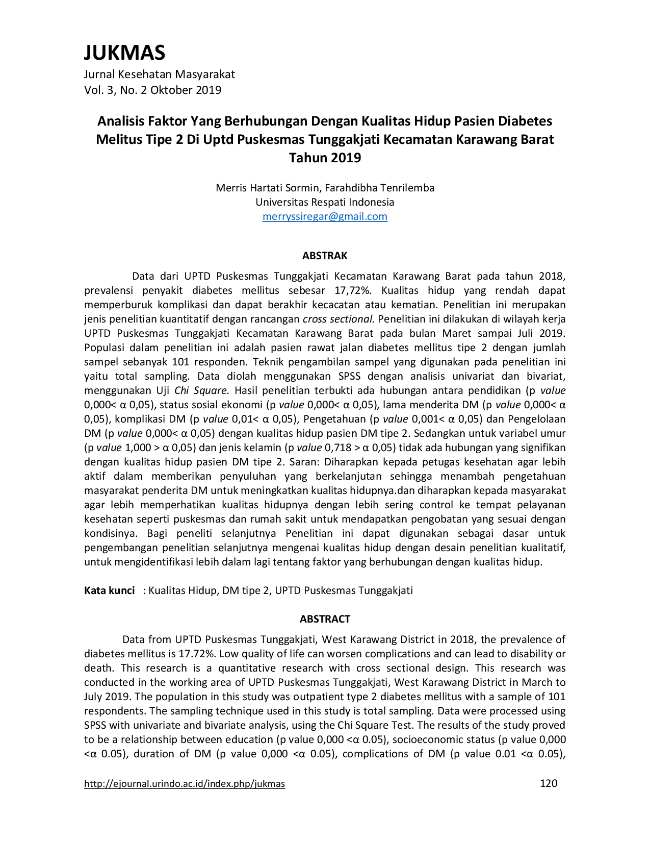 JURIS Analisis Faktor Yang Berhubungan Dengan Kualitas Hidup Pasien Diabetes Melitus Tipe 2 Di Uptd Puskesmas Tunggakjati Kecamatan Karawang Barat Tahun 2019