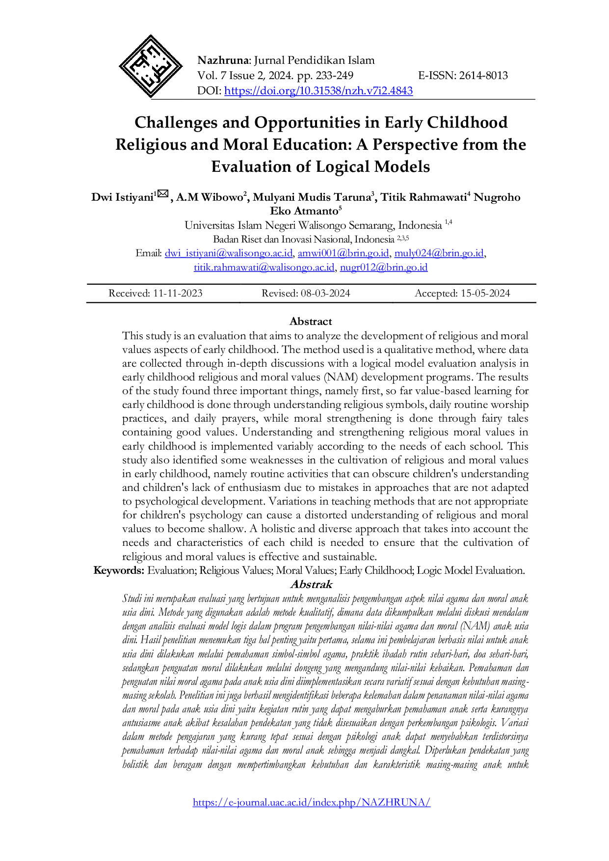 JURIS Challenges and Opportunities in Early Childhood Religious and Moral Education A Perspective from the Evaluation of Logical Models