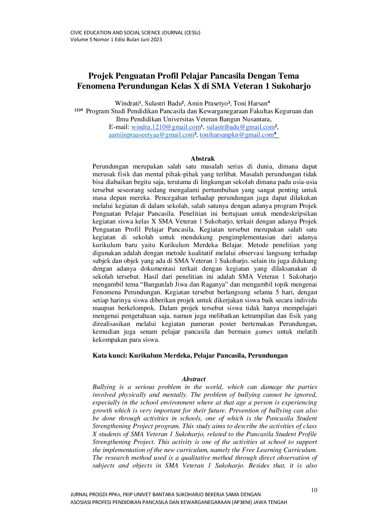 JURIS Projek Penguatan Profil Pelajar Pancasila Dengan Tema Fenomena Perundungan Kelas X di SMA Veteran 1 Sukoharjo