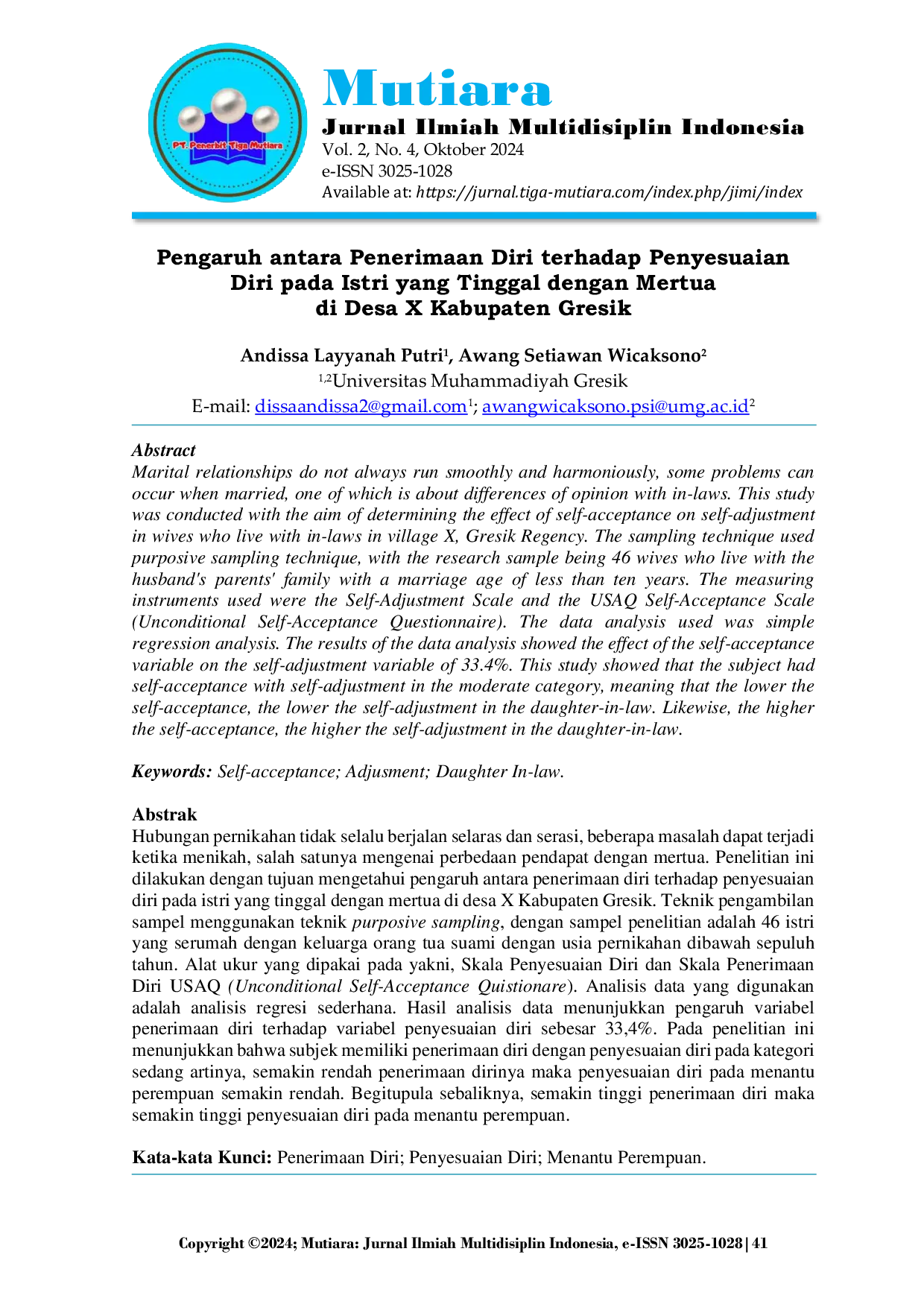 JURIS Pengaruh antara Penerimaan Diri terhadap Penyesuaian Diri pada Istri yang Tinggal dengan Mertua di Desa X Kabupaten Gresik
