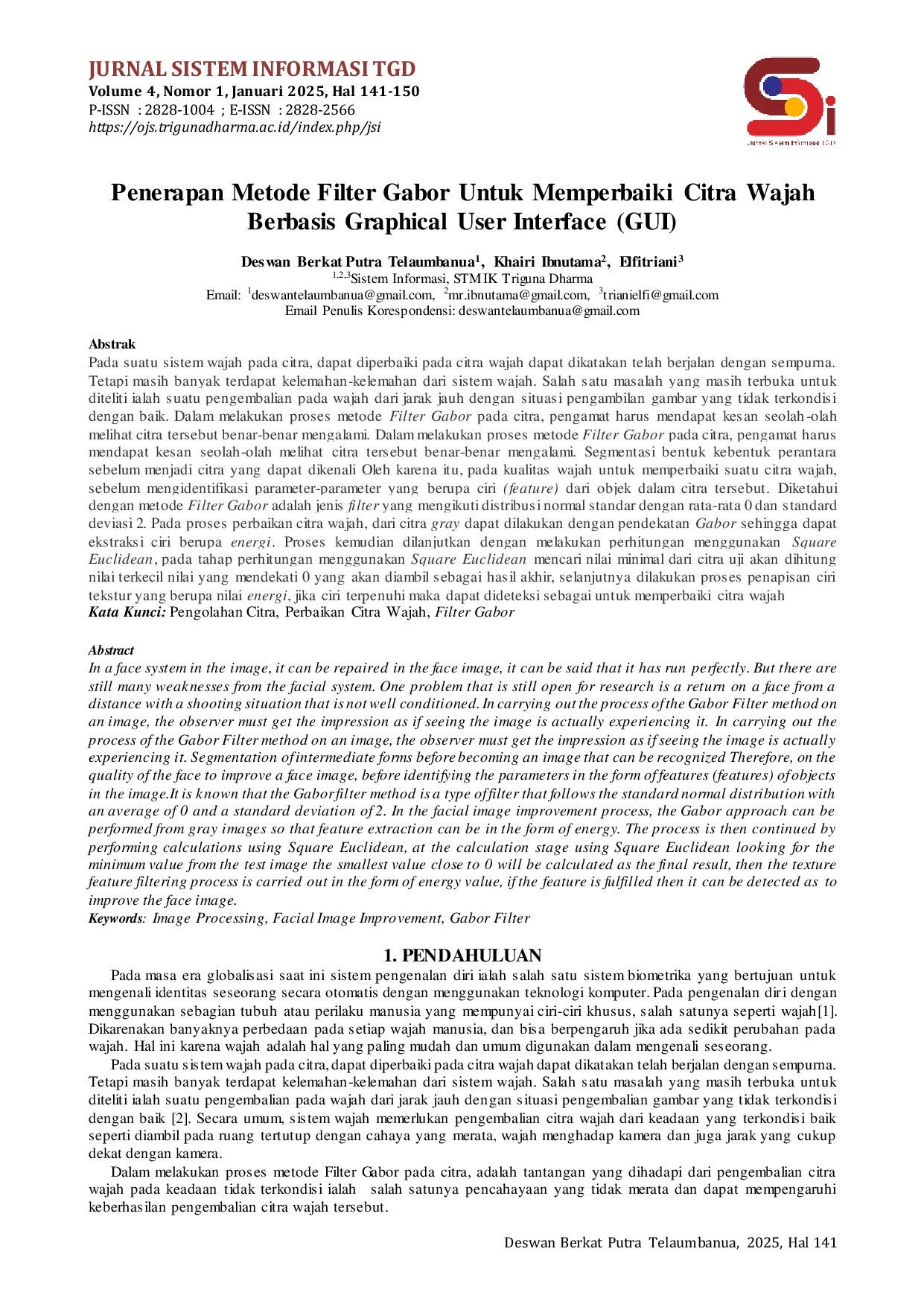 JURIS Penerapan Metode Filter Gabor Untuk Memperbaiki Citra Wajah Berbasis Graphical User Interface GUI