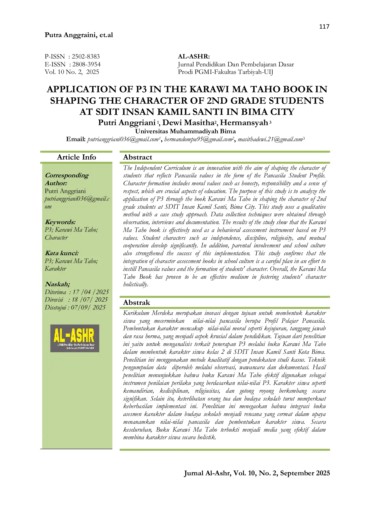 JURIS Application of P3 in the Karawi Ma Taho Book in Shaping the Character of 2nd Grade Students at SDIT Insan Kamil Santi in Bima City