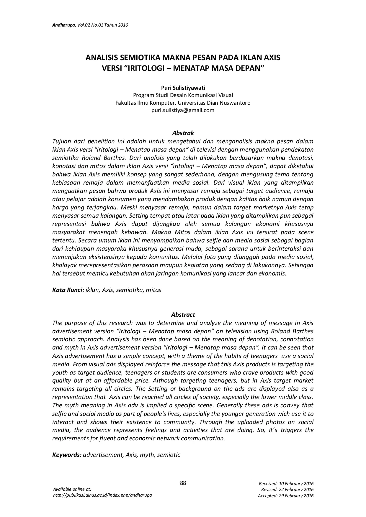 JURIS Analisis Semiotika Makna Pesan pada Iklan Axis Versi Iritologi Menatap Masa Depan