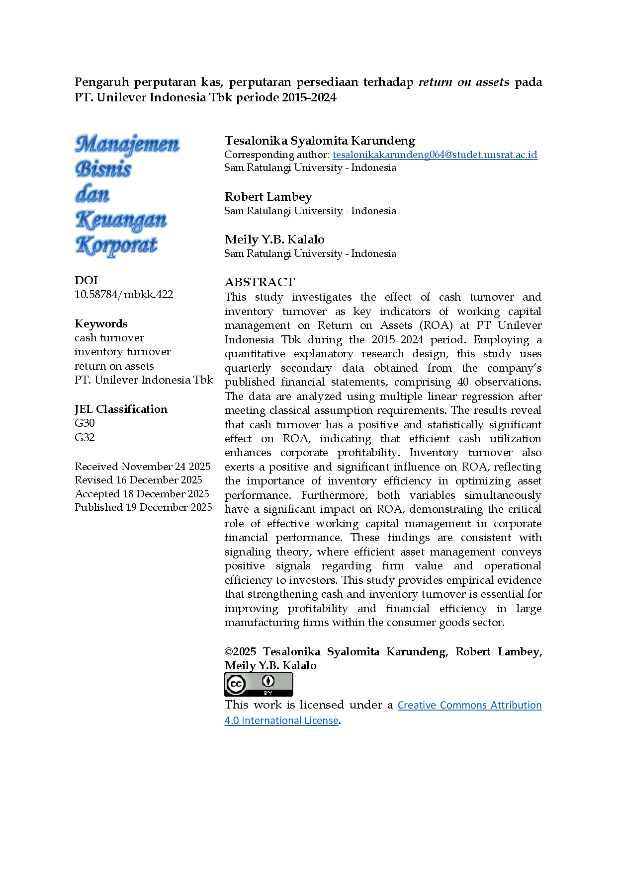 JURIS Pengaruh Perputaran Kas Perputaran Persediaan Terhadap Return on Assets pada PT Unilever Indonesia Tbk Periode 2015 2024