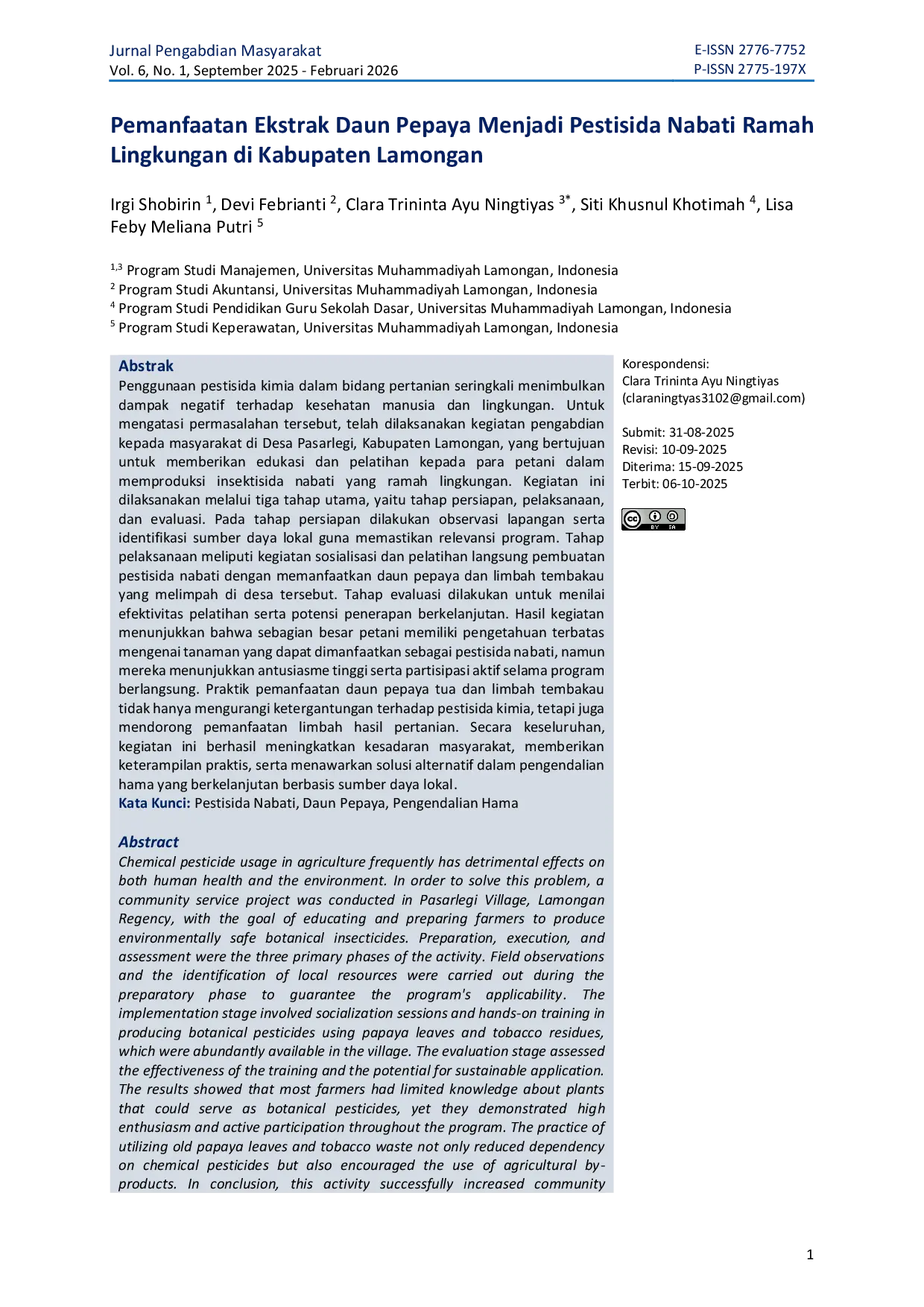 JURIS Pemanfaatan Ekstrak Daun Pepaya Menjadi Pestisida Nabati Ramah Lingkungan di Kabupaten Lamongan