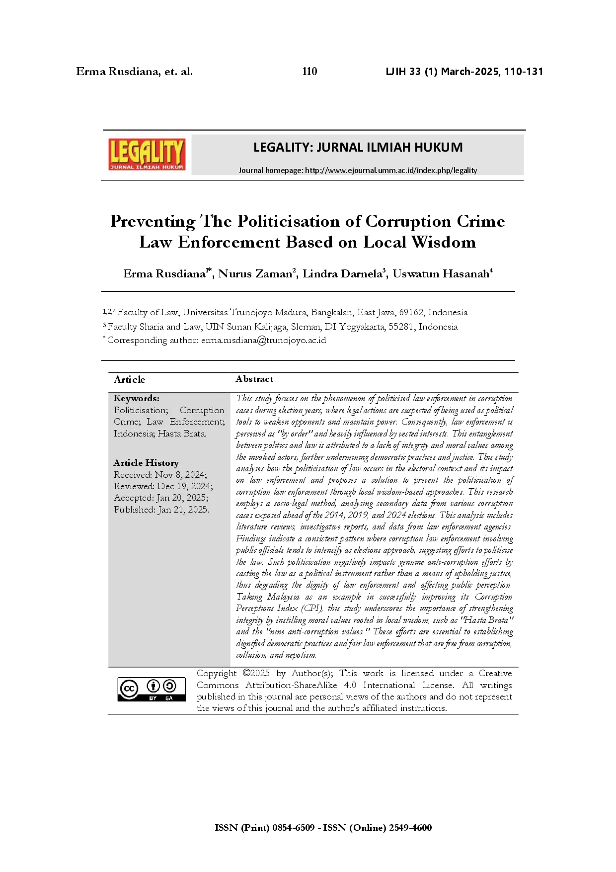 juris Preventing the politicisation of corruption crime law enforcement based on local wisdom