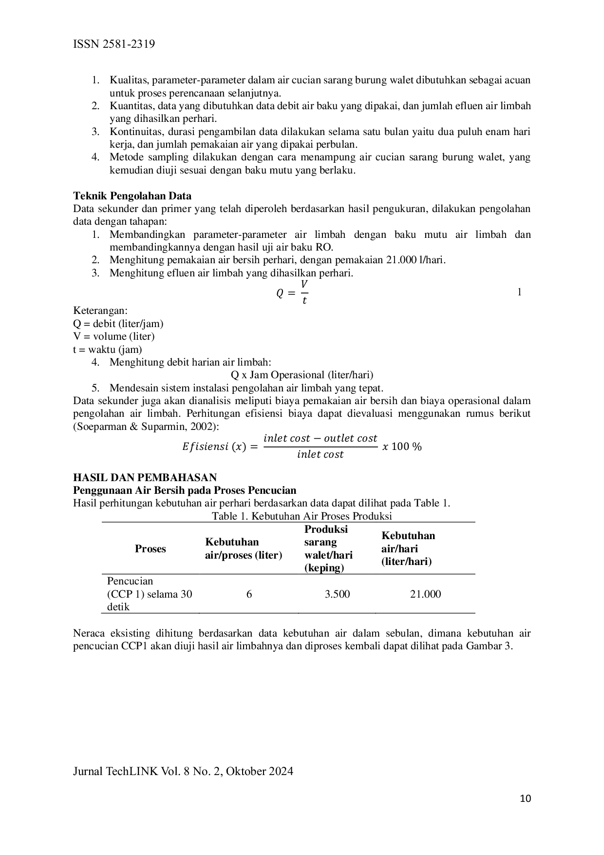 JURIS Analisis Efisiensi Penggunaan Kembali Air Limbah Pencucian Sarang Burung Walet Di Pt M