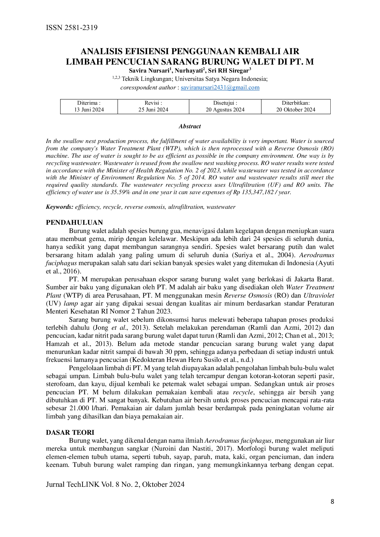 JURIS Analisis Efisiensi Penggunaan Kembali Air Limbah Pencucian Sarang Burung Walet Di Pt M