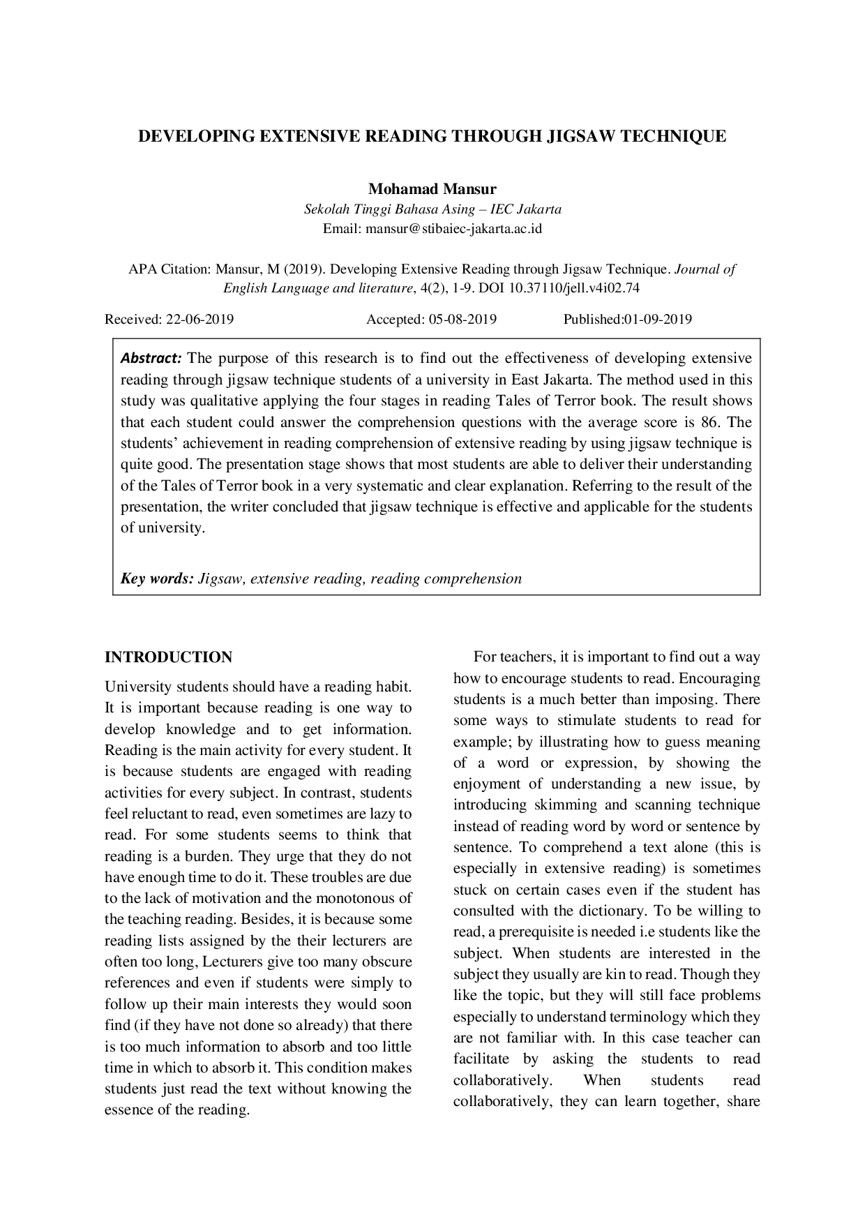 JURIS Developing Extensive Reading Through Jigsaw Technique