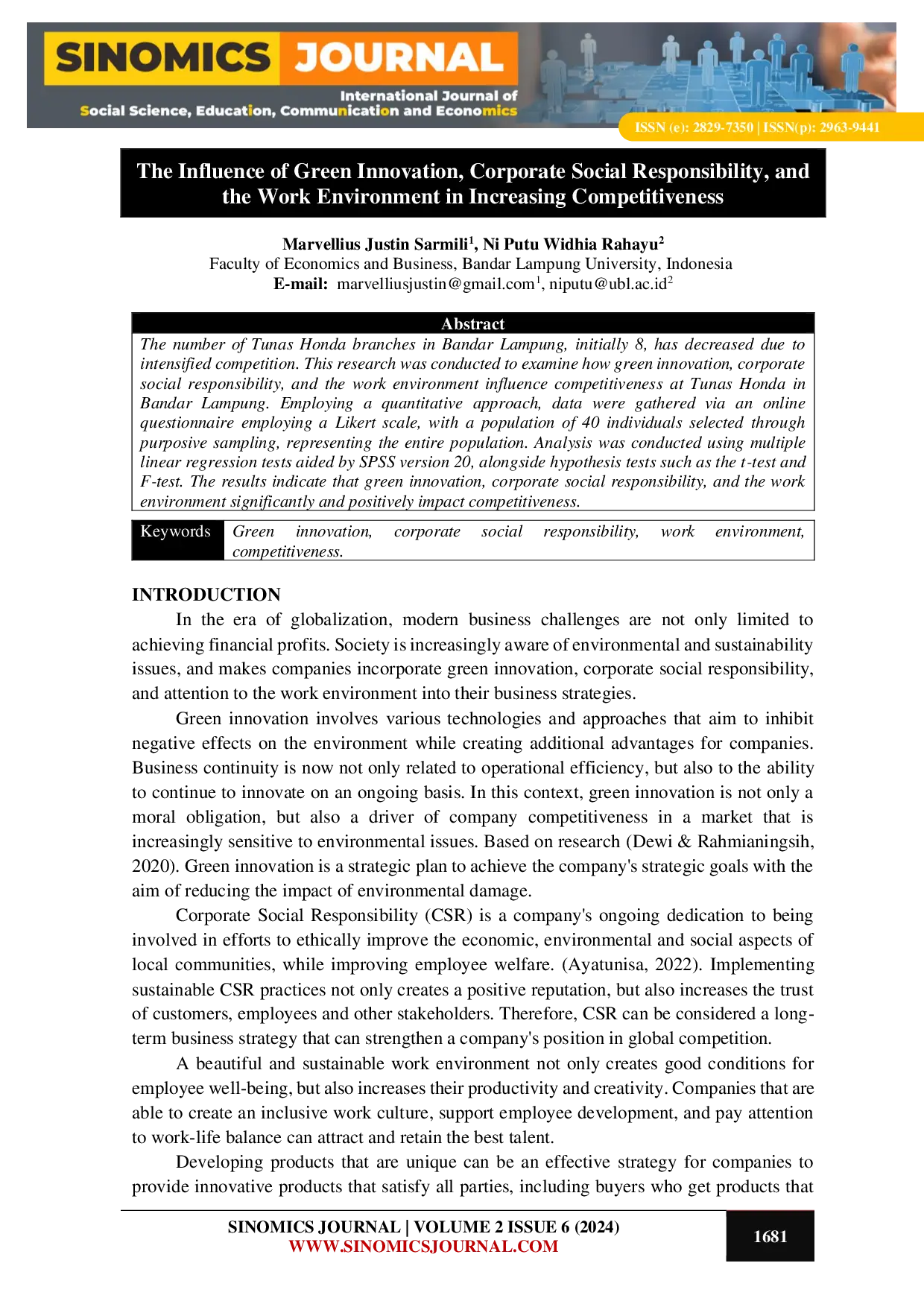 JURIS The Influence of Green Innovation Corporate Social Responsibility and the Work Environment in Increasing Competitiveness