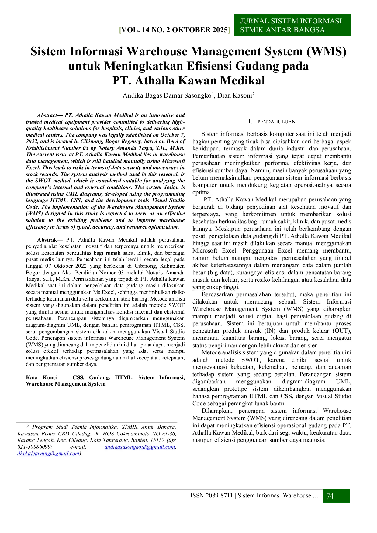 JURIS Sistem Informasi Warehouse Management System WMS untuk Meningkatkan Efisiensi Gudang pada PT ATHALLA KAWAN MEDIKAL