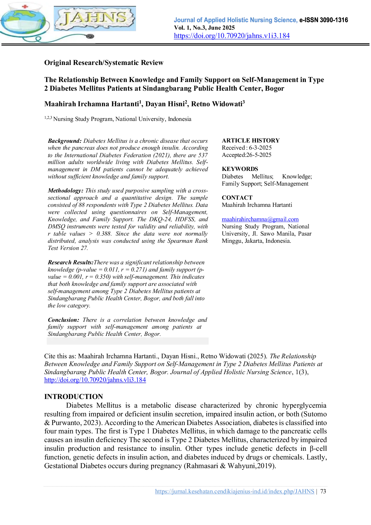 JURIS The Relationship of Knowledge and Family Support to Self Management in Type 2 Diabetes Mellitus Patients at the Sindangbarang Health Center Bogor