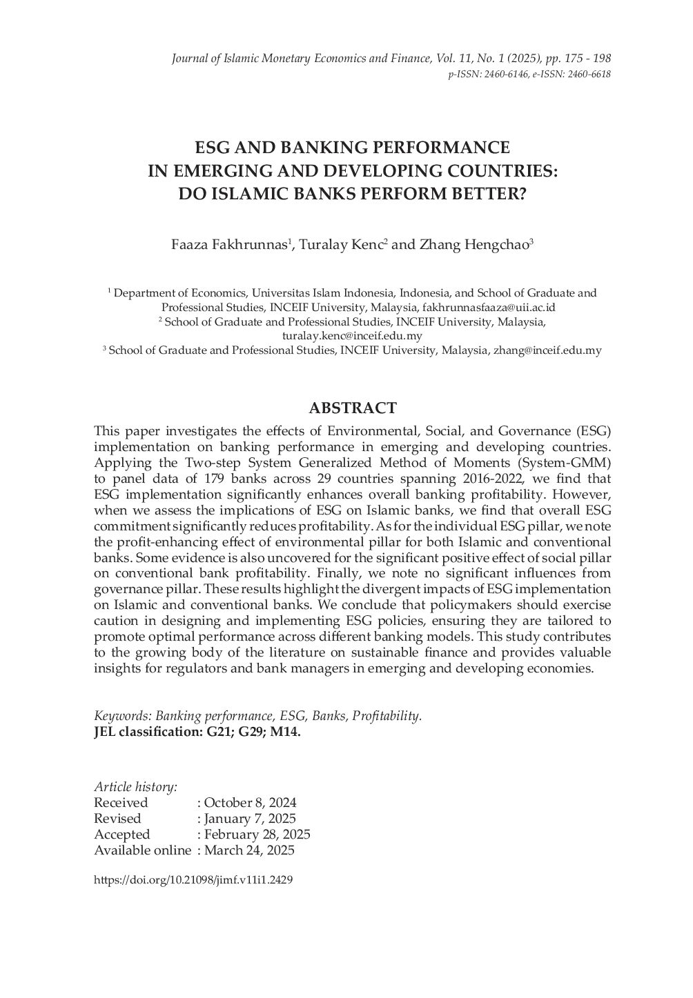 JURIS ESG and Banking Performance in Emerging and Developing Countries Do Islamic Banks Perform Better