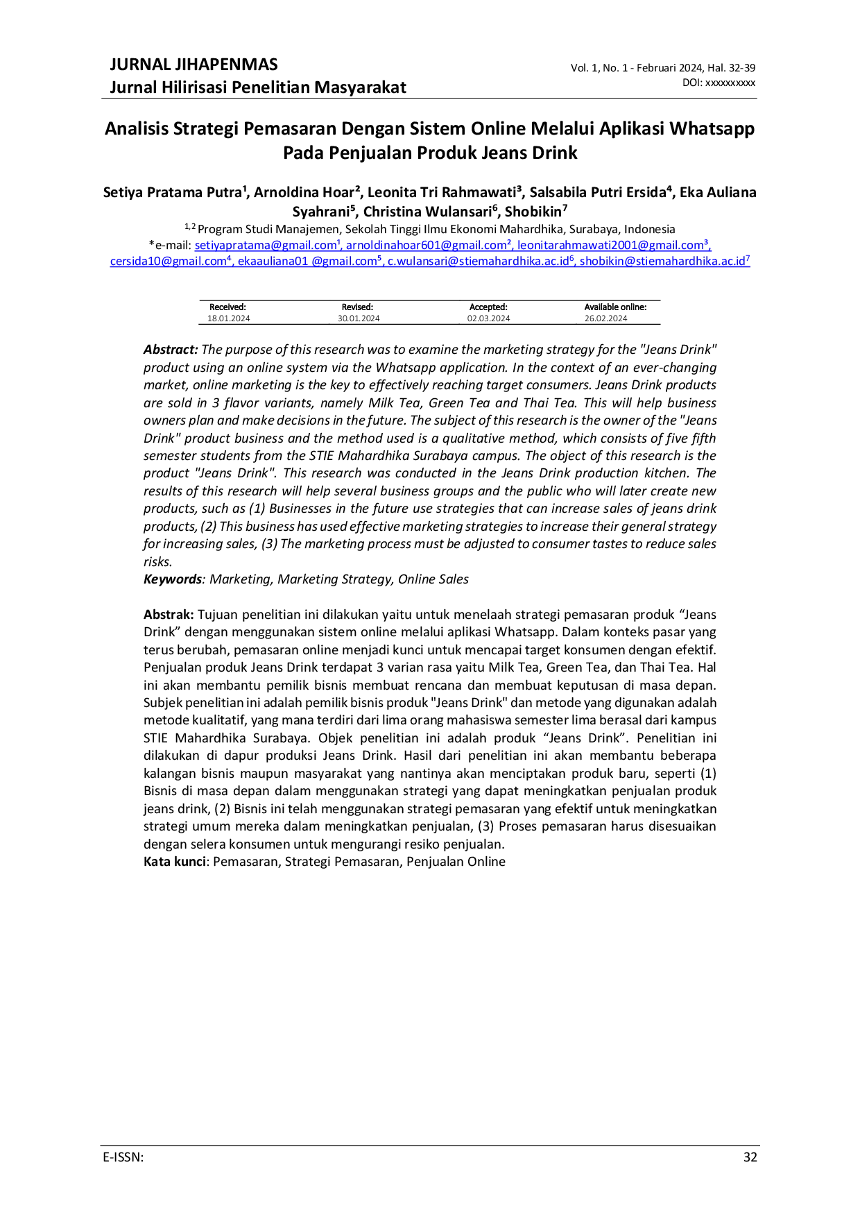 JURIS Analisis Strategi Pemasaran Dengan Sistem Online Melalui Aplikasi Whatsapp Pada Penjualan Produk Jeans Drink