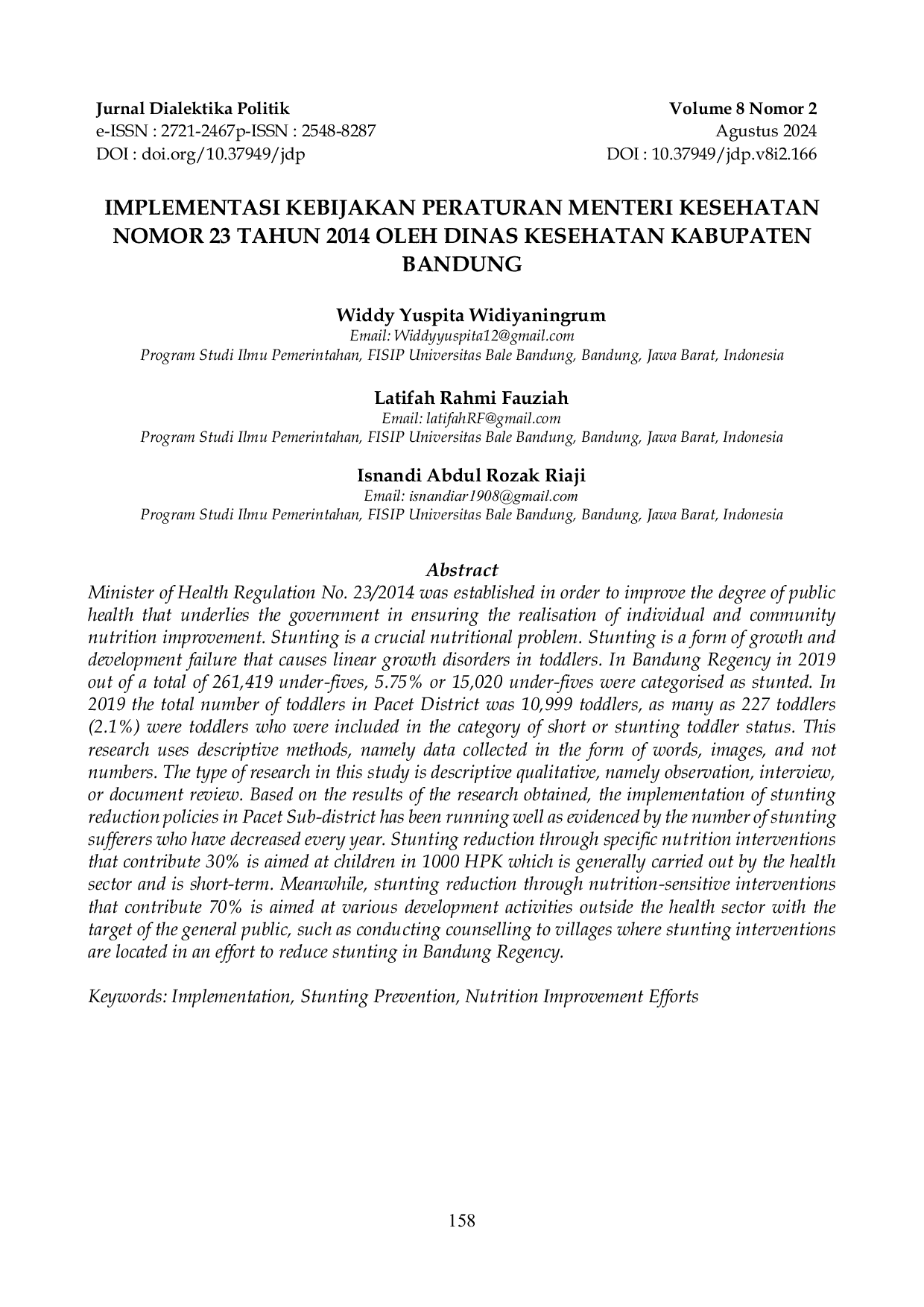 JURIS Implementasi Kebijakan Peraturan Menteri Kesehatan Nomor 23 Tahun 2014 Oleh Dinas Kesehatan Kabupaten Bandung