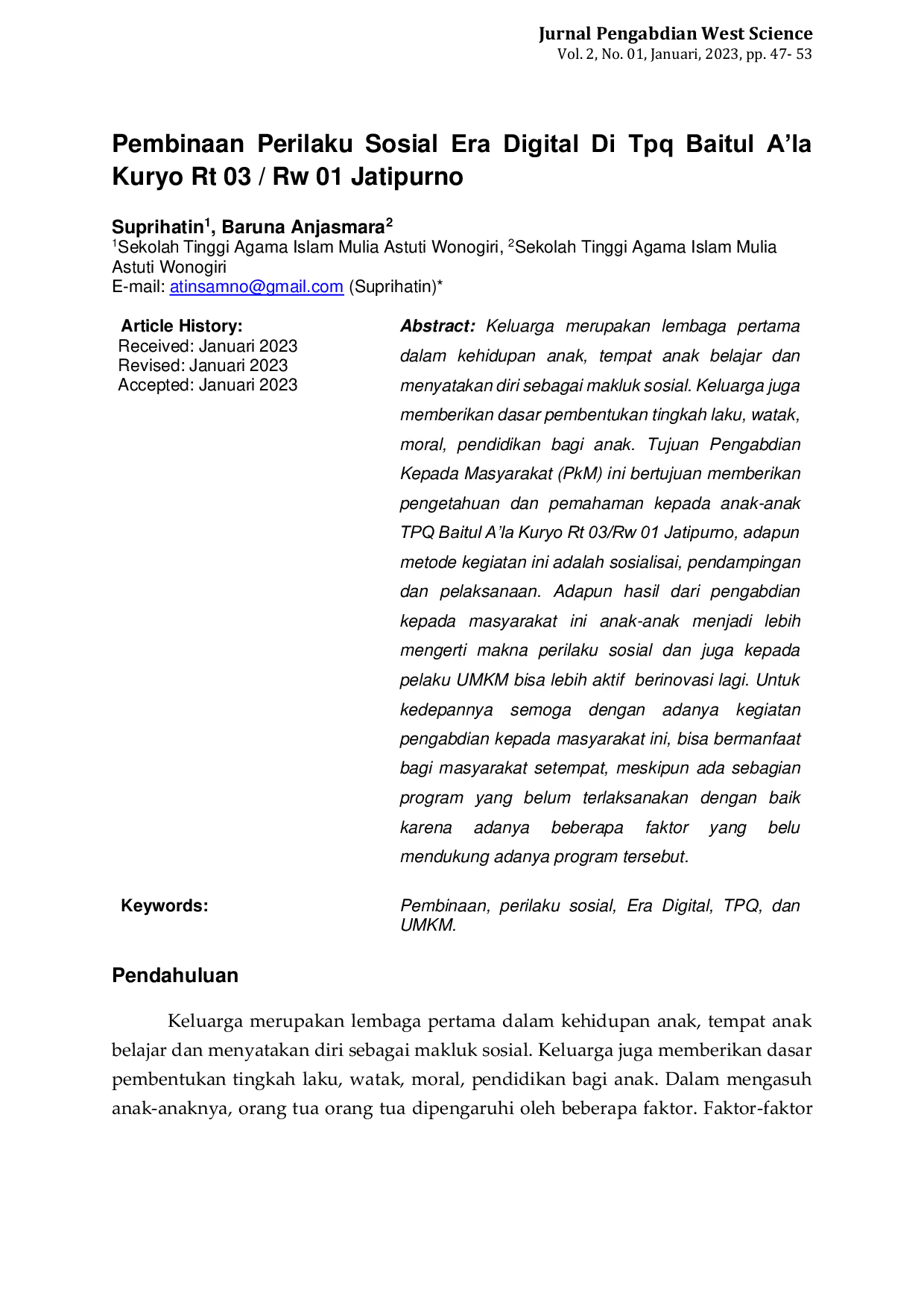 JURIS Pembinaan Perilaku Sosial Era Digital Di Tpq Baitul A la Kuryo Rt 03 Rw 01 Jatipurno