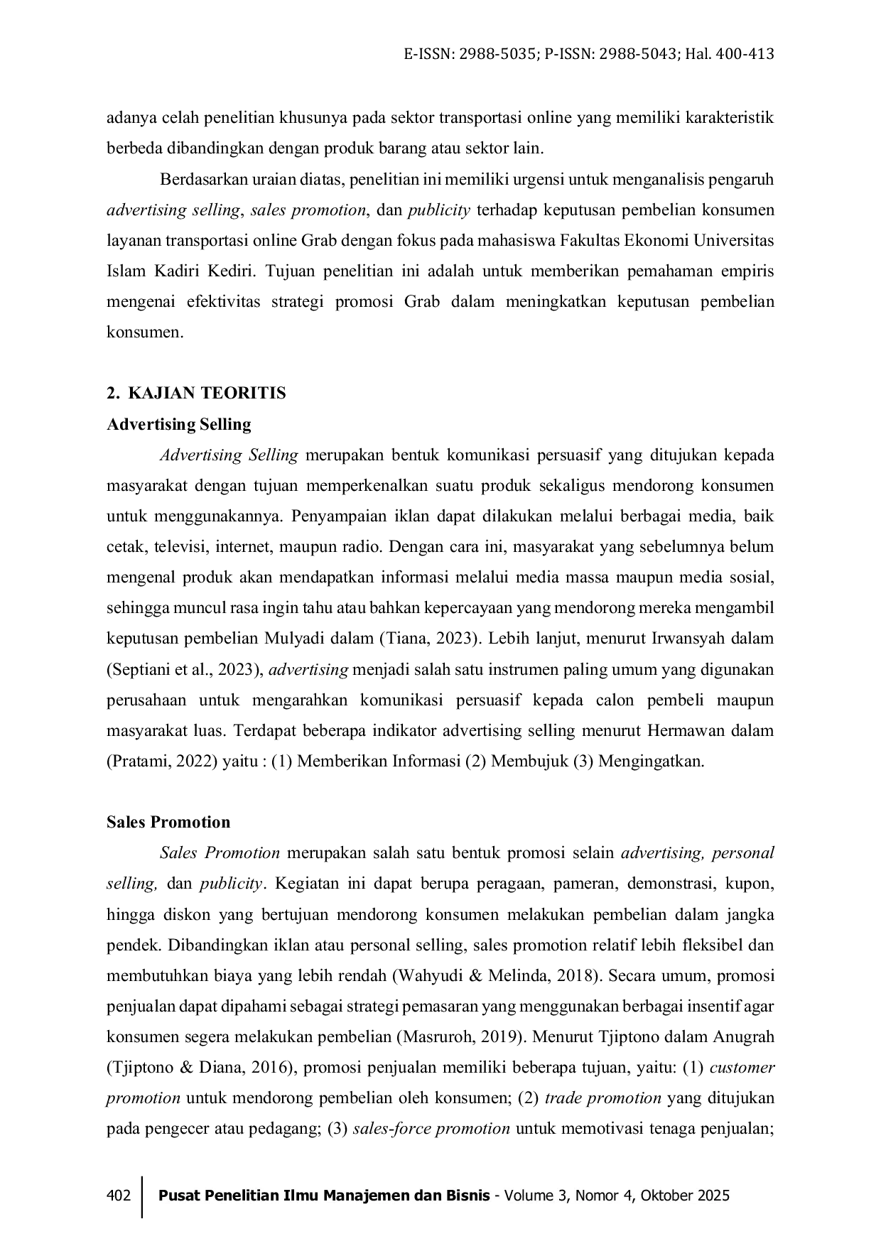 JURIS Pengaruh Advertising Selling Sales Promotion dan Publicity terhadap Keputusan Pembelian Jasa Transportasi Online Grab Studi Empiris pada Mahasiswa Fakultas Ekonomi Universitas Islam Kadiri Kediri