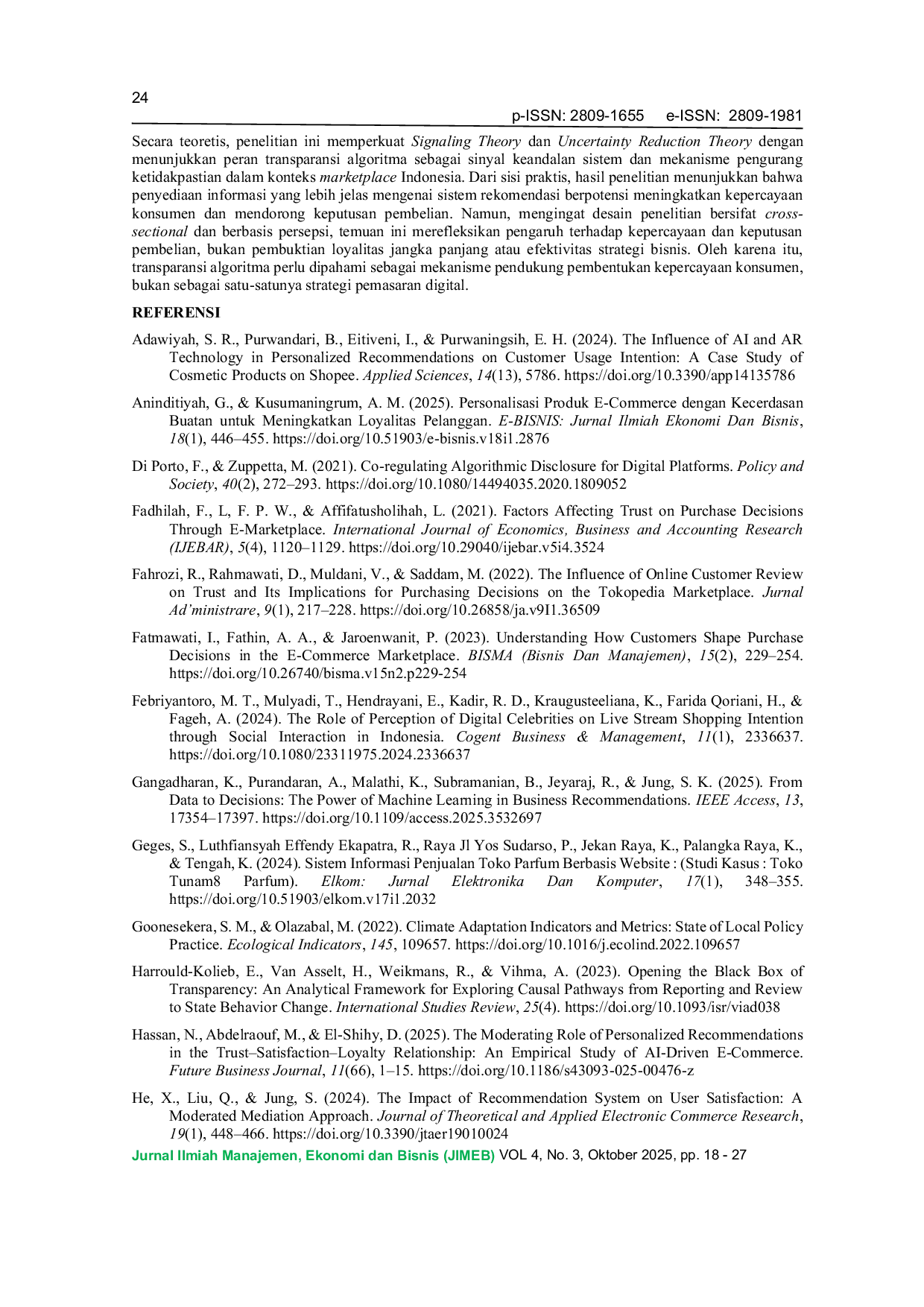 JURIS The Influence of Marketplace Algorithm Transparency on Consumer Trust and Online Purchasing Decisions in Indonesia