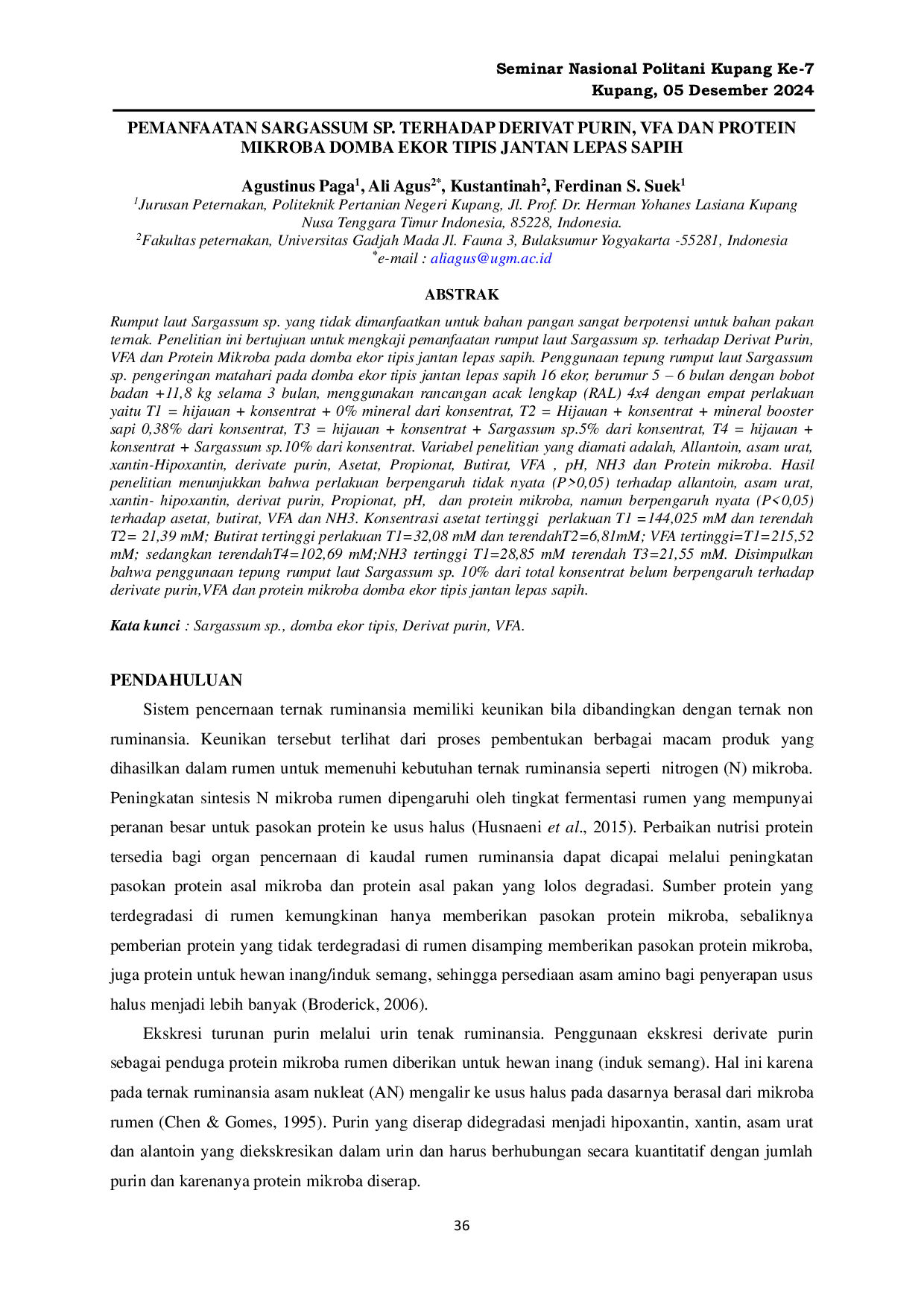 JURIS Pemanfaatan Sargassum Sp Terhadap Derivat Purin VFA Dan Protein Mikroba Domba Ekor Tipis Jantan Lepas Sapih