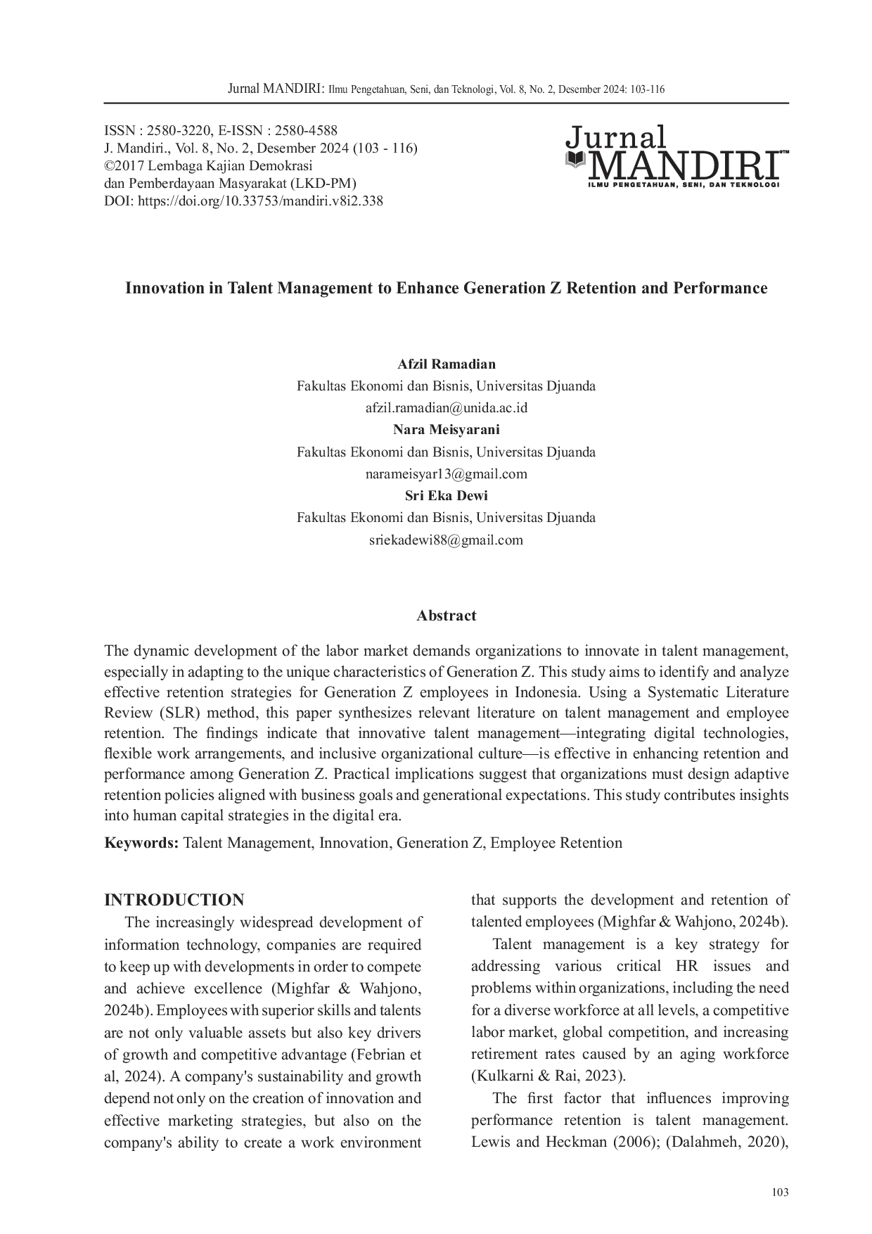 JURIS Innovation in Talent Management to Enhance Generation Z Retention and Performance