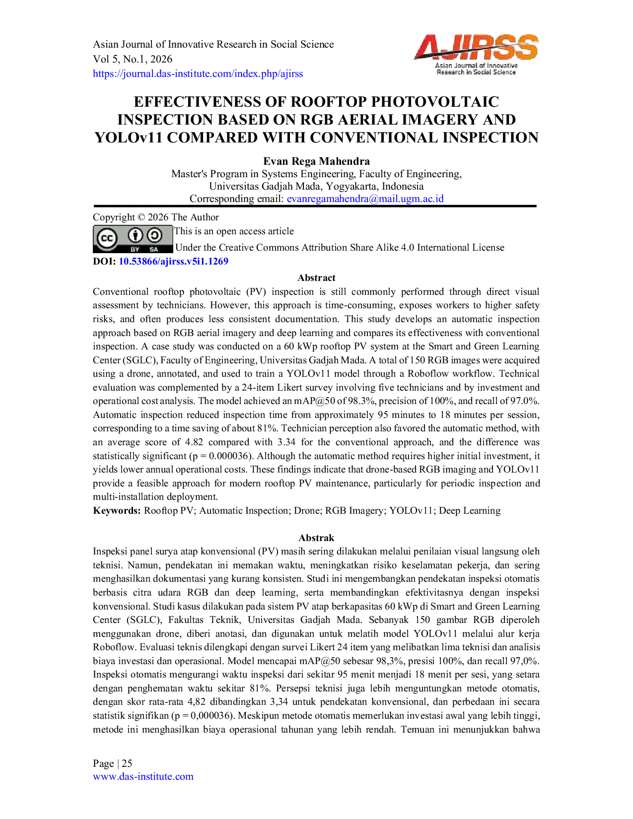 JURIS Effectiveness of Rooftop Photovoltaic Inspection Based on RGB Aerial Imagery and YOLOv11 Compared with Conventional Inspection