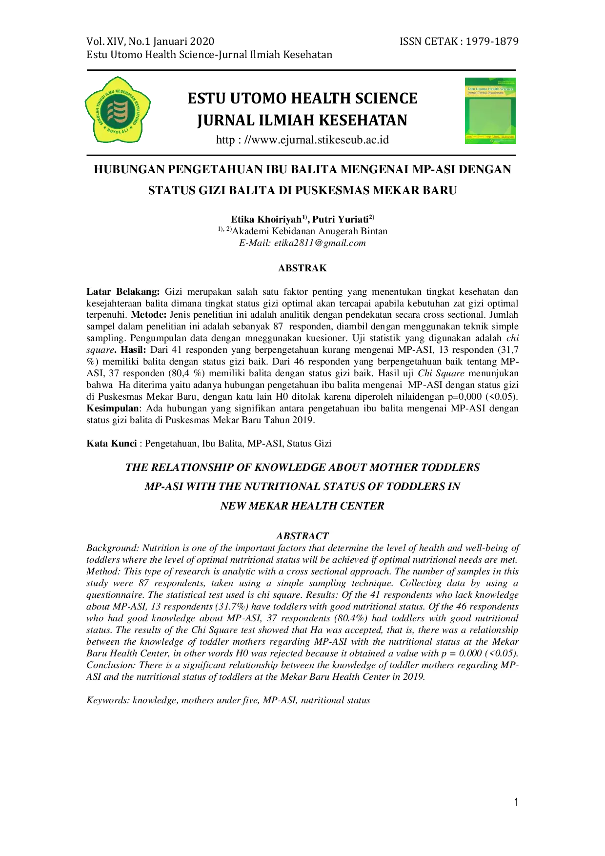 JURIS Hubungan Pengetahuan Ibu Balita Mengenai MP ASI dengan Status Gizi Balita di Puskesmas Mekar Baru