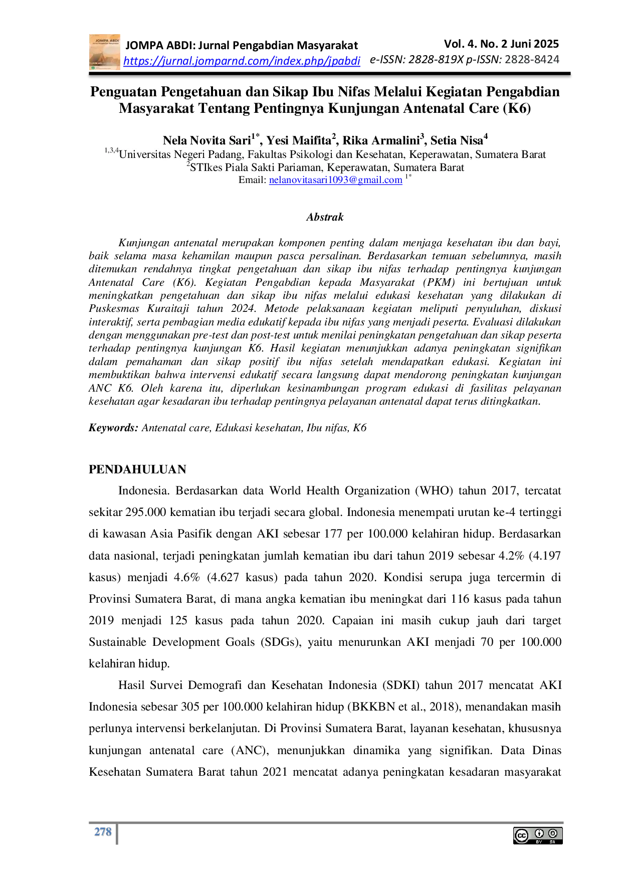 JURIS Penguatan Pengetahuan dan Sikap Ibu Nifas Melalui Kegiatan Pengabdian Masyarakat Tentang Pentingnya Kunjungan Antenatal Care K6