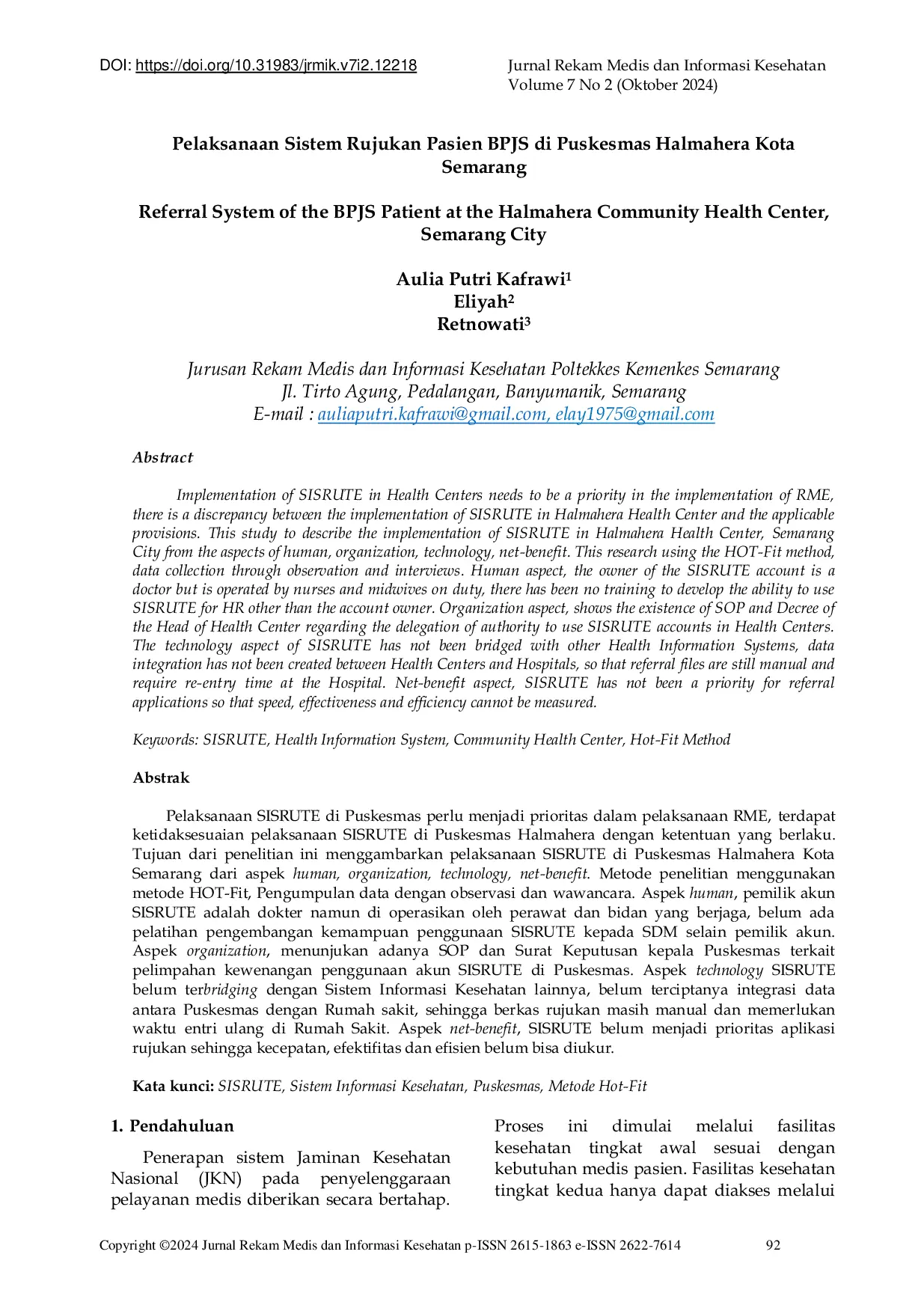 JURIS Referral System of the BPJS Patient at the Halmahera Community Health Center Semarang City