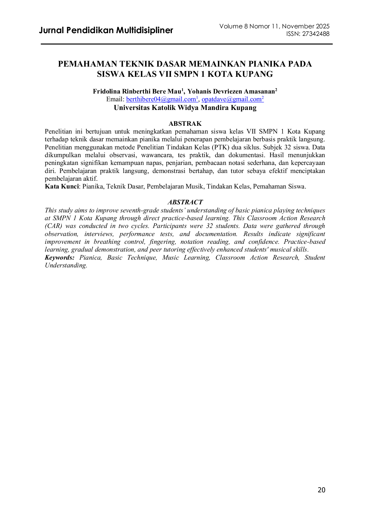 JURIS Pemahaman Teknik Dasar Memainkan Pianika Pada Siswa Kelas VII SMPN 1 Kota Kupang