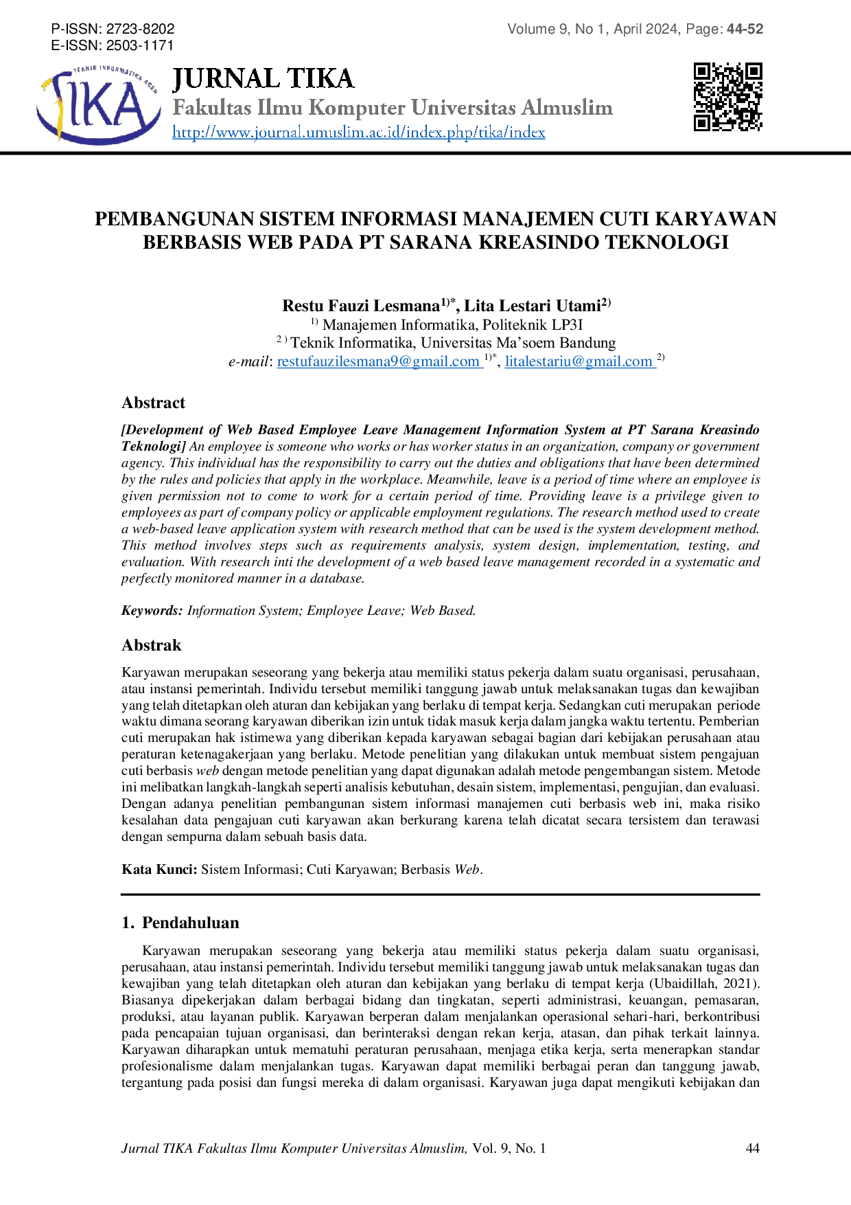 JURIS Development of Web Based Employee Leave Management Information System at PT Sarana Kreasindo Teknologi