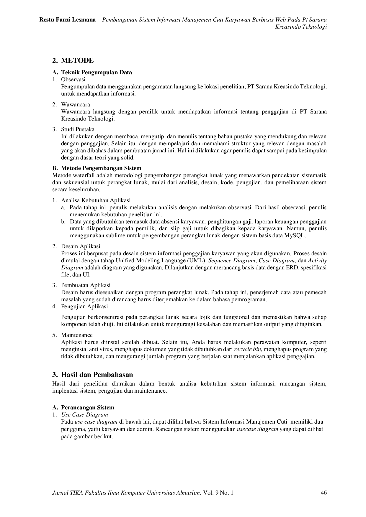 JURIS Development of Web Based Employee Leave Management Information System at PT Sarana Kreasindo Teknologi