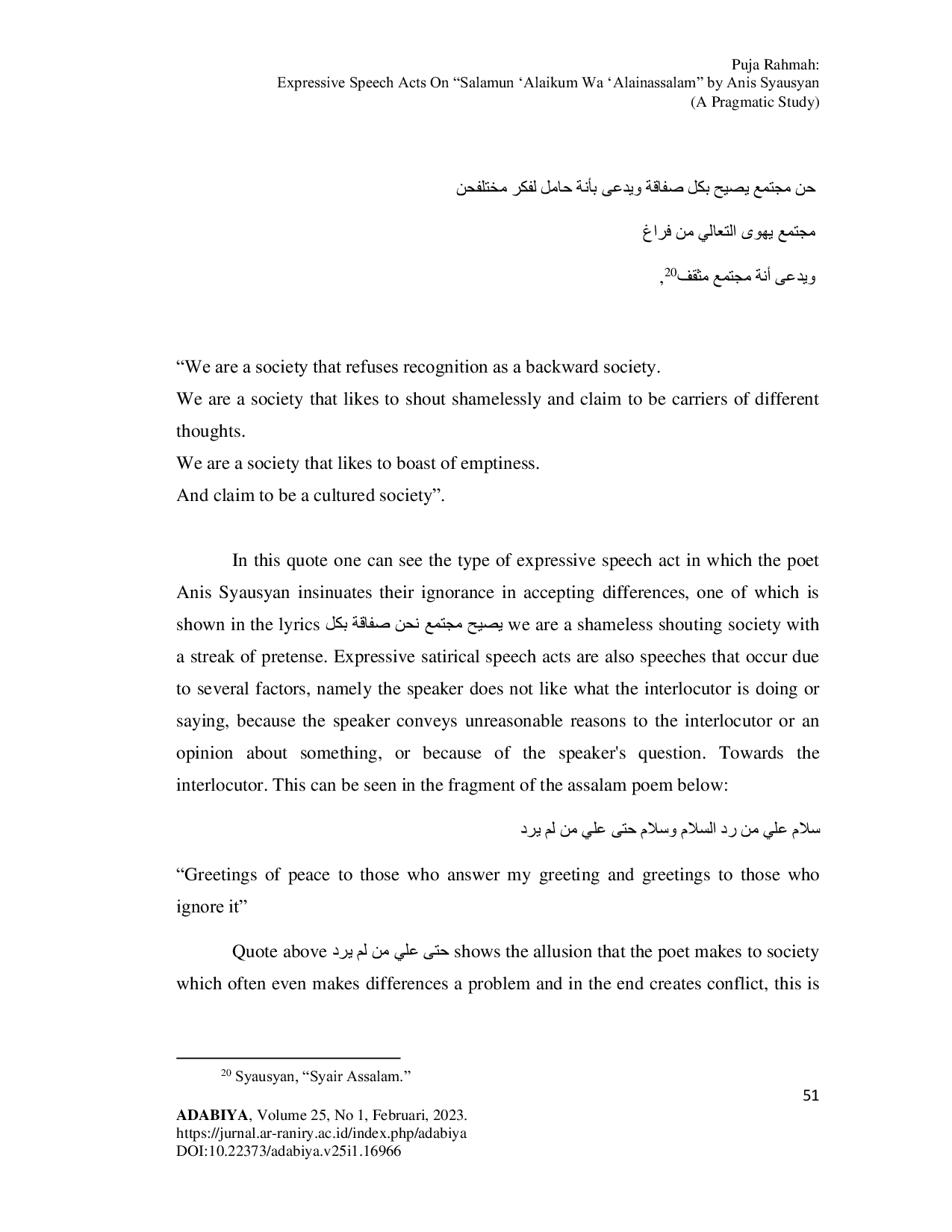 JURIS Expressive Speech Acts on The Poem Salamun Alaikum Wa Alainassalam by Anis Syausyan Pragmatic Study