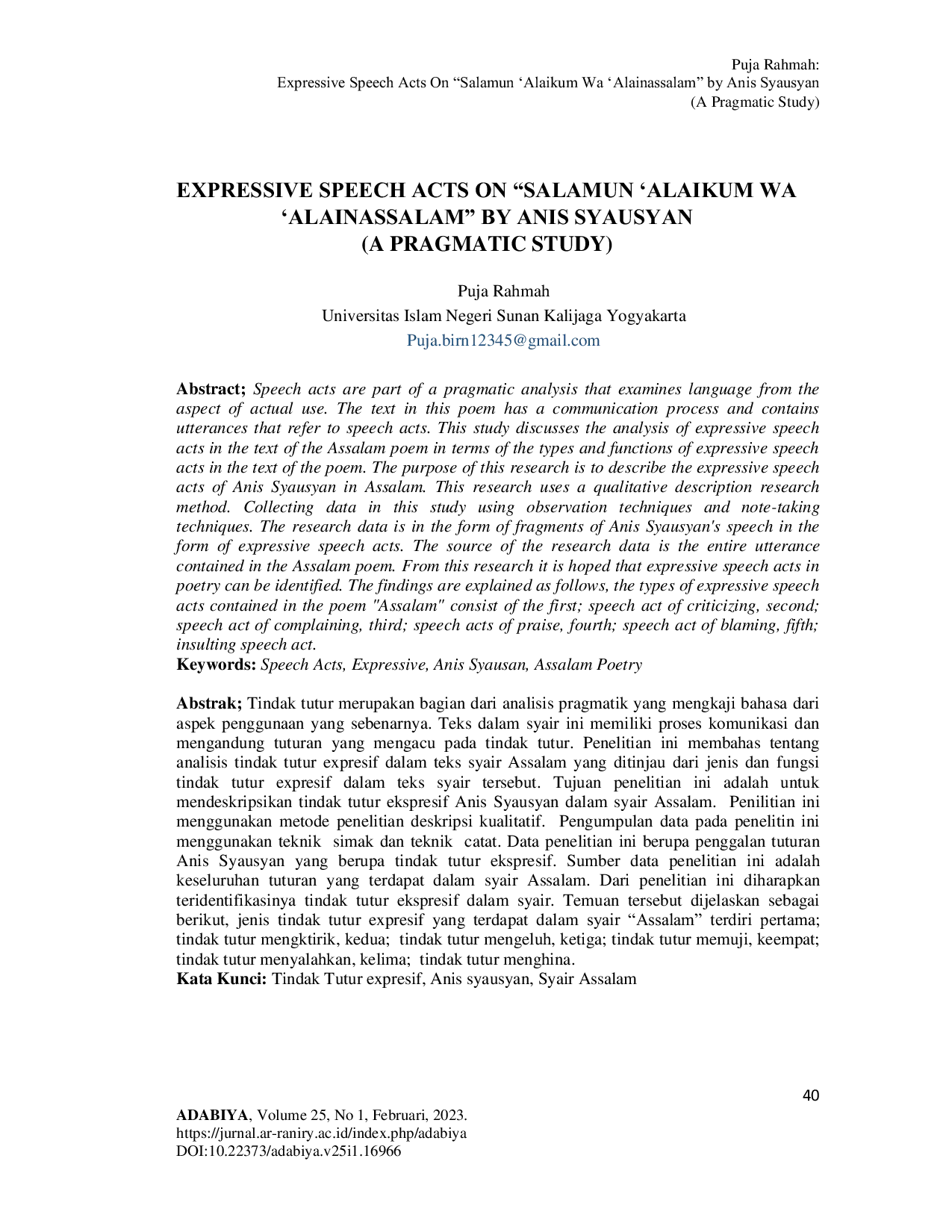 JURIS Expressive Speech Acts on The Poem Salamun Alaikum Wa Alainassalam by Anis Syausyan Pragmatic Study