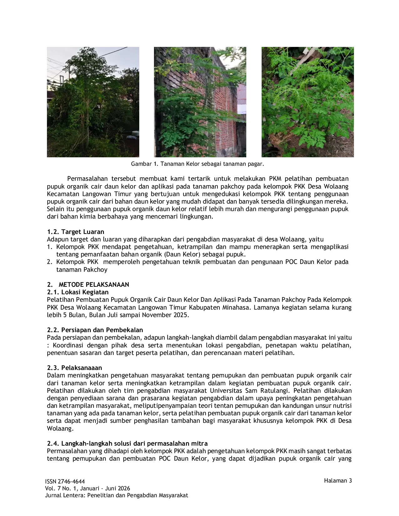 JURIS Pelatihan Pembuatan Pupuk Organik Cair Daun Kelor dan Aplikasi pada Tanaman Pakchoy bagi Kelompok PKK Desa Wolaang Kecamatan Langowan