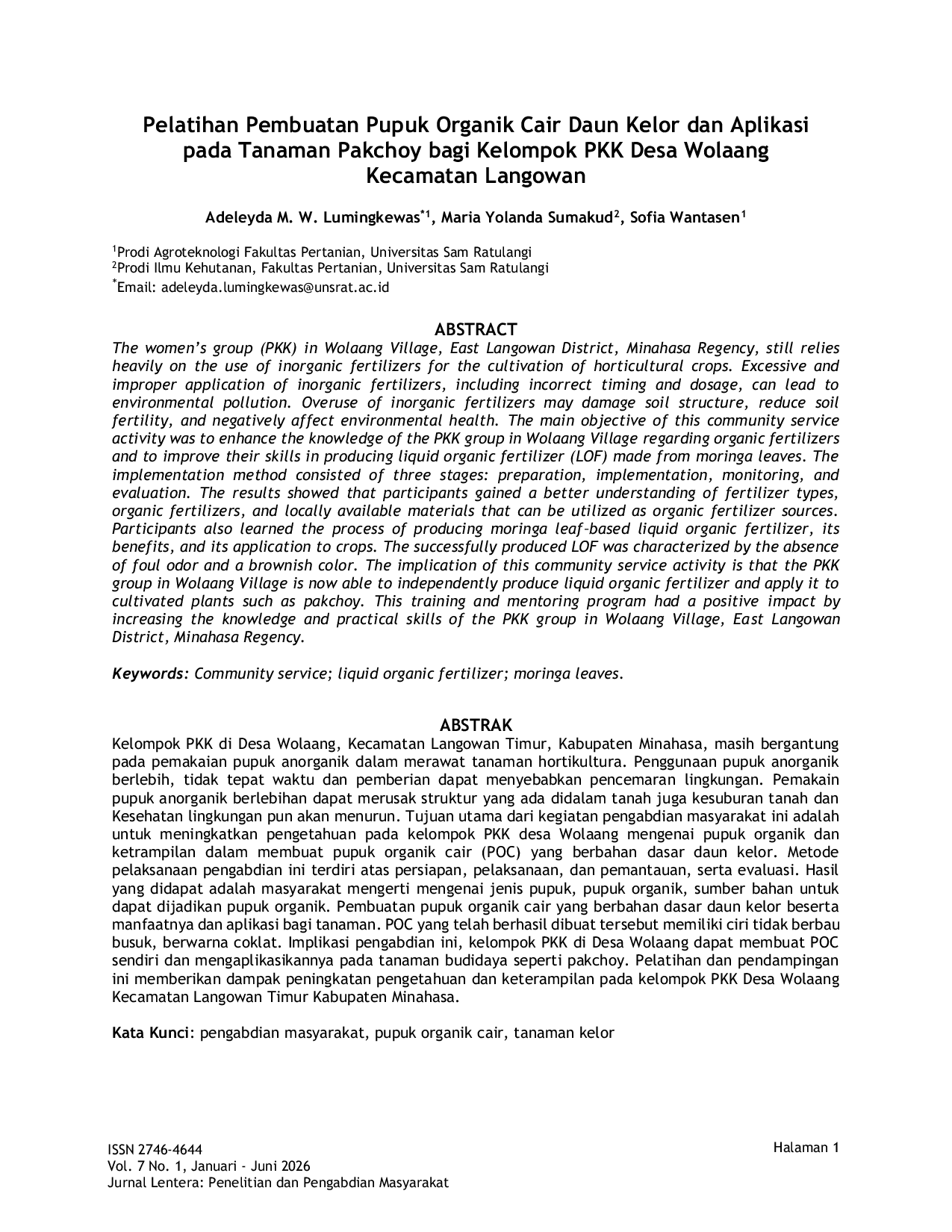 JURIS Pelatihan Pembuatan Pupuk Organik Cair Daun Kelor dan Aplikasi pada Tanaman Pakchoy bagi Kelompok PKK Desa Wolaang Kecamatan Langowan
